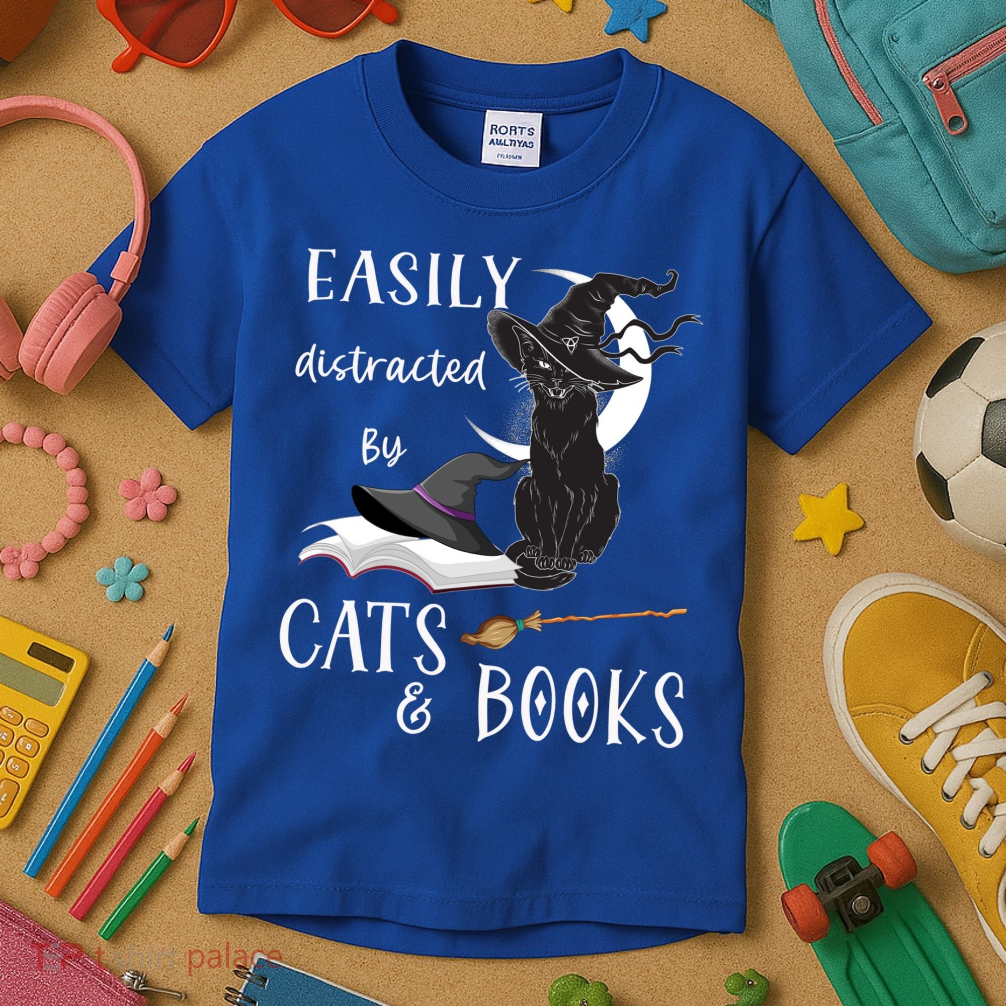 Funny Cat Halloween Tee Easily Distracted By Cats And Books Gift Kids T-Shirt