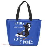 Funny Cat Halloween Tee Easily Distracted By Cats And Books Gift Tote Bag thumb 0