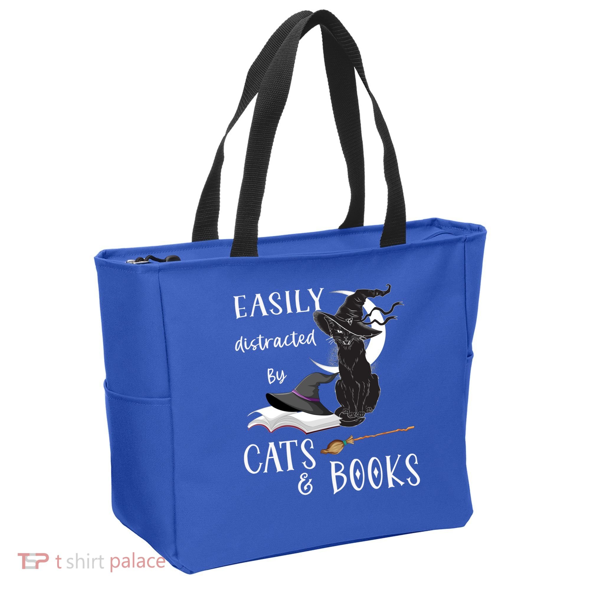 Funny Cat Halloween Tee Easily Distracted By Cats And Books Gift Tote Bag
