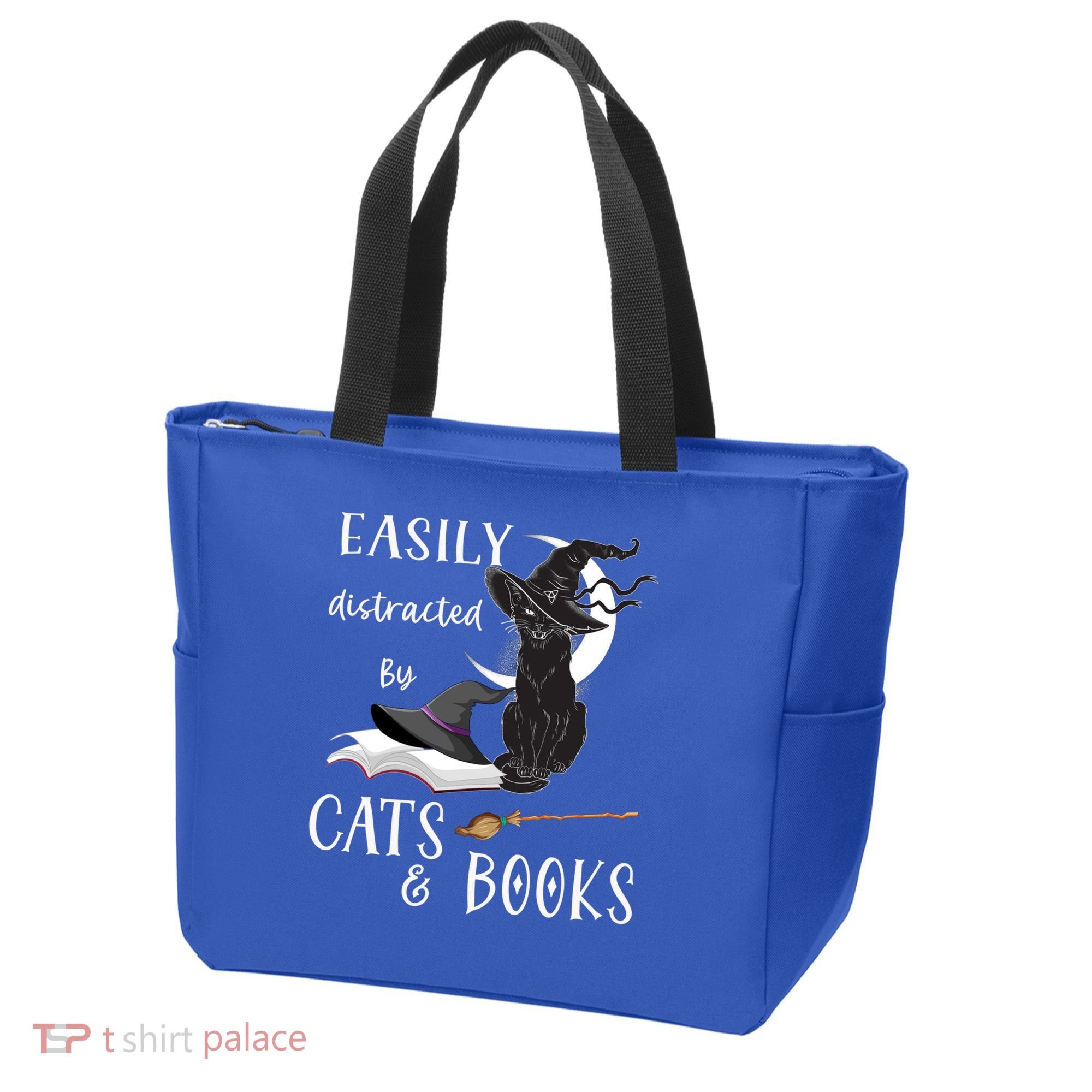 Funny Cat Halloween Tee Easily Distracted By Cats And Books Gift Tote Bag