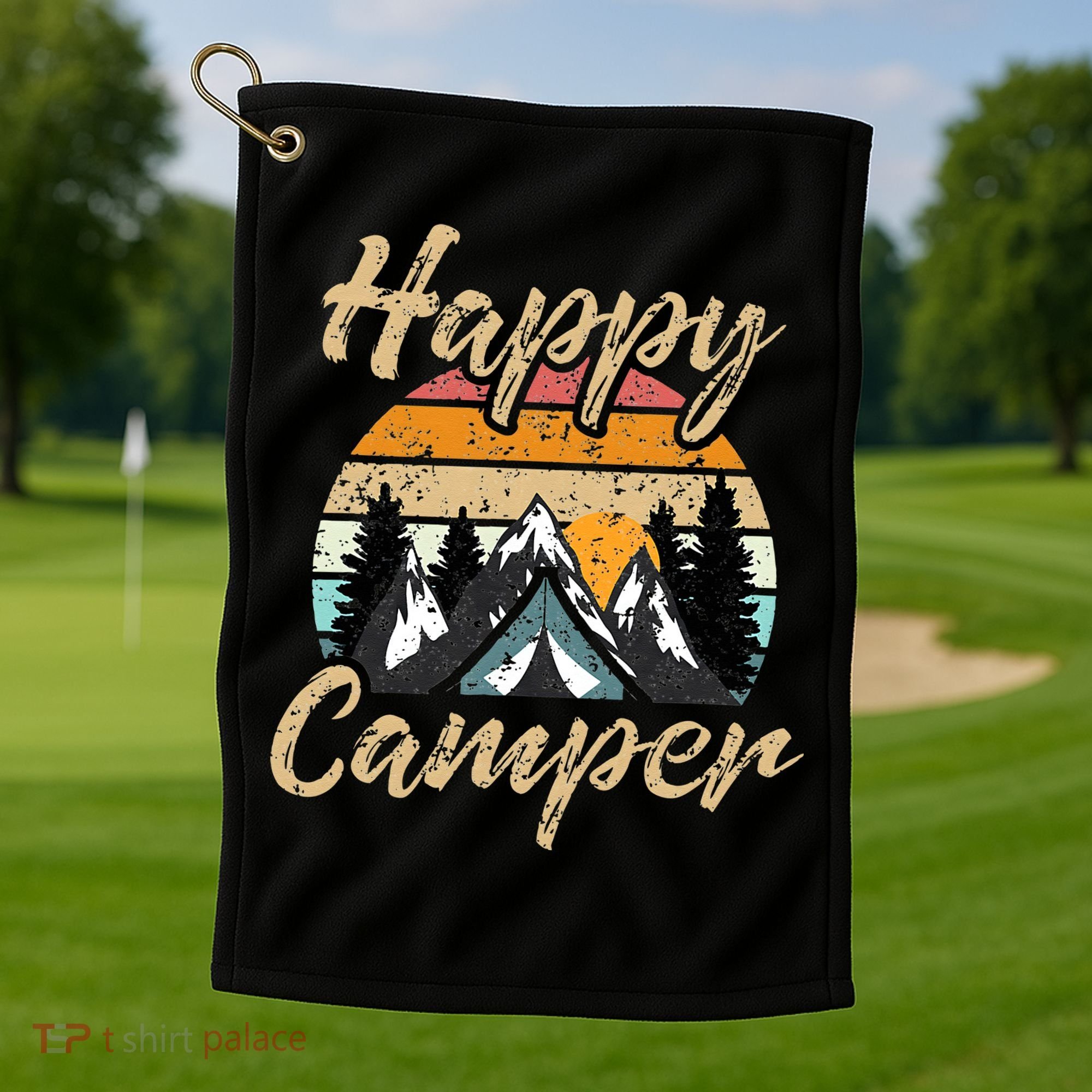 Funny Camping Hiking Lover Present Happy Camper Gift Golf Towel