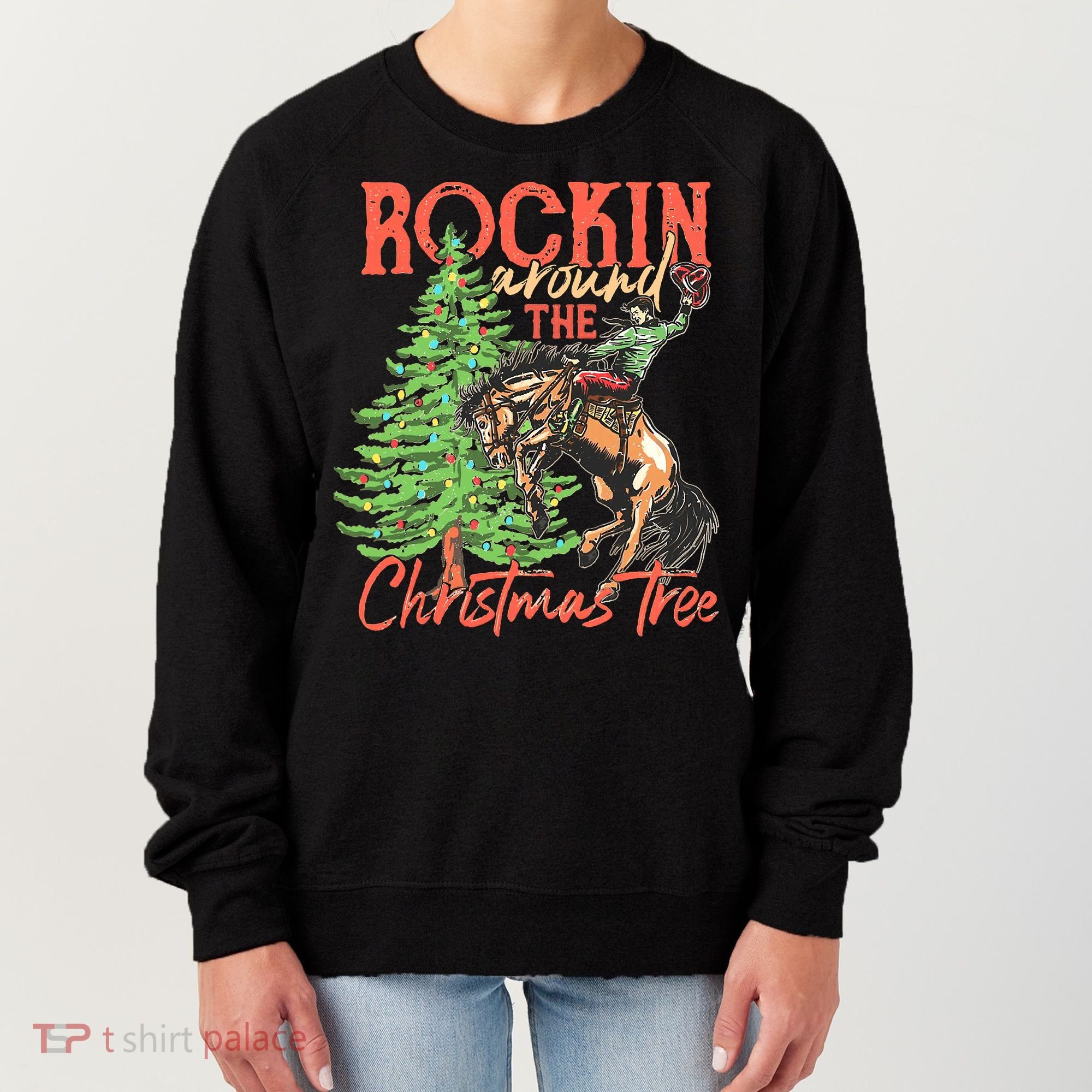 Funny Cow Horsing Rocking Around Christmas Tree Western Women's Sweatshirt