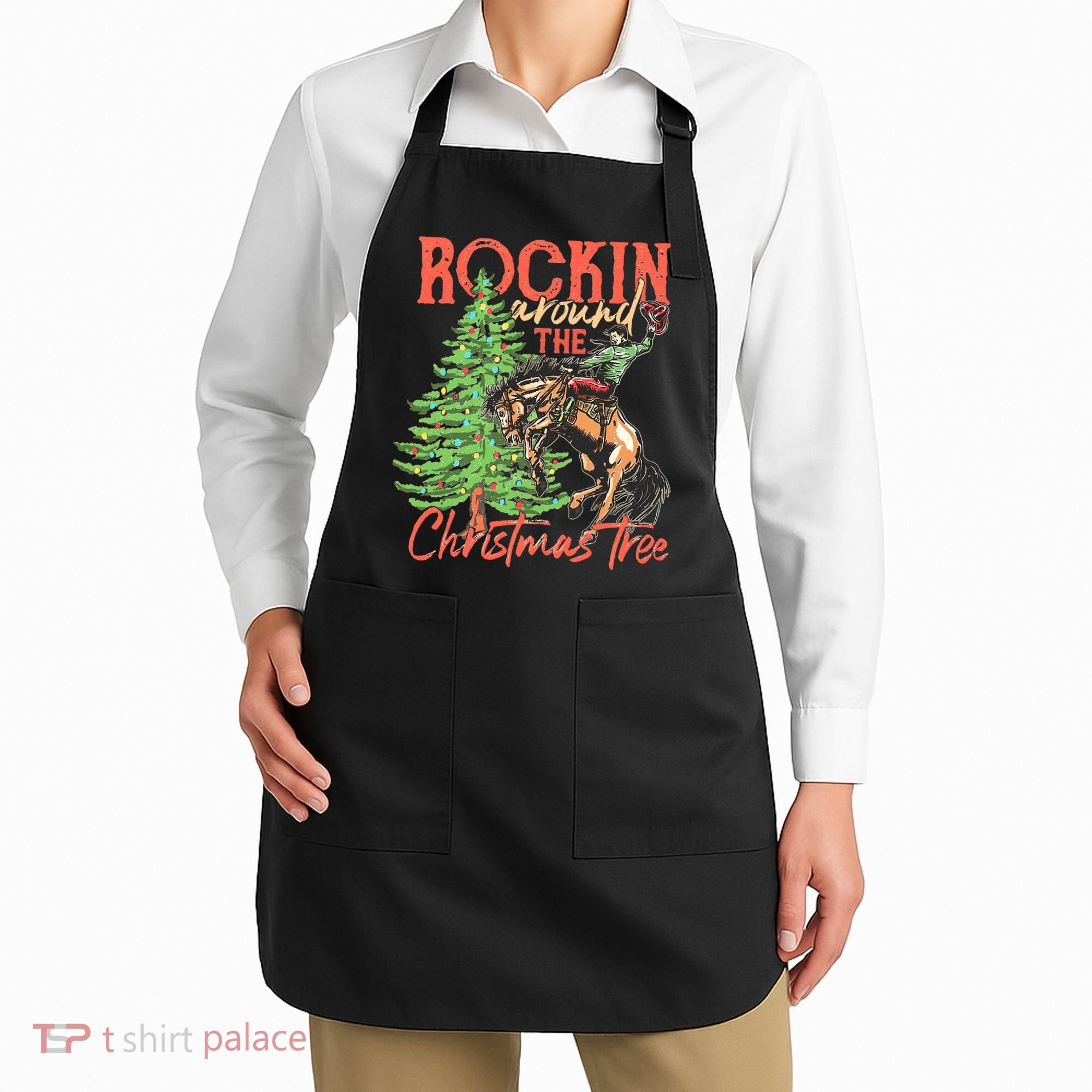 Funny Cow Horsing Rocking Around Christmas Tree Western Apron