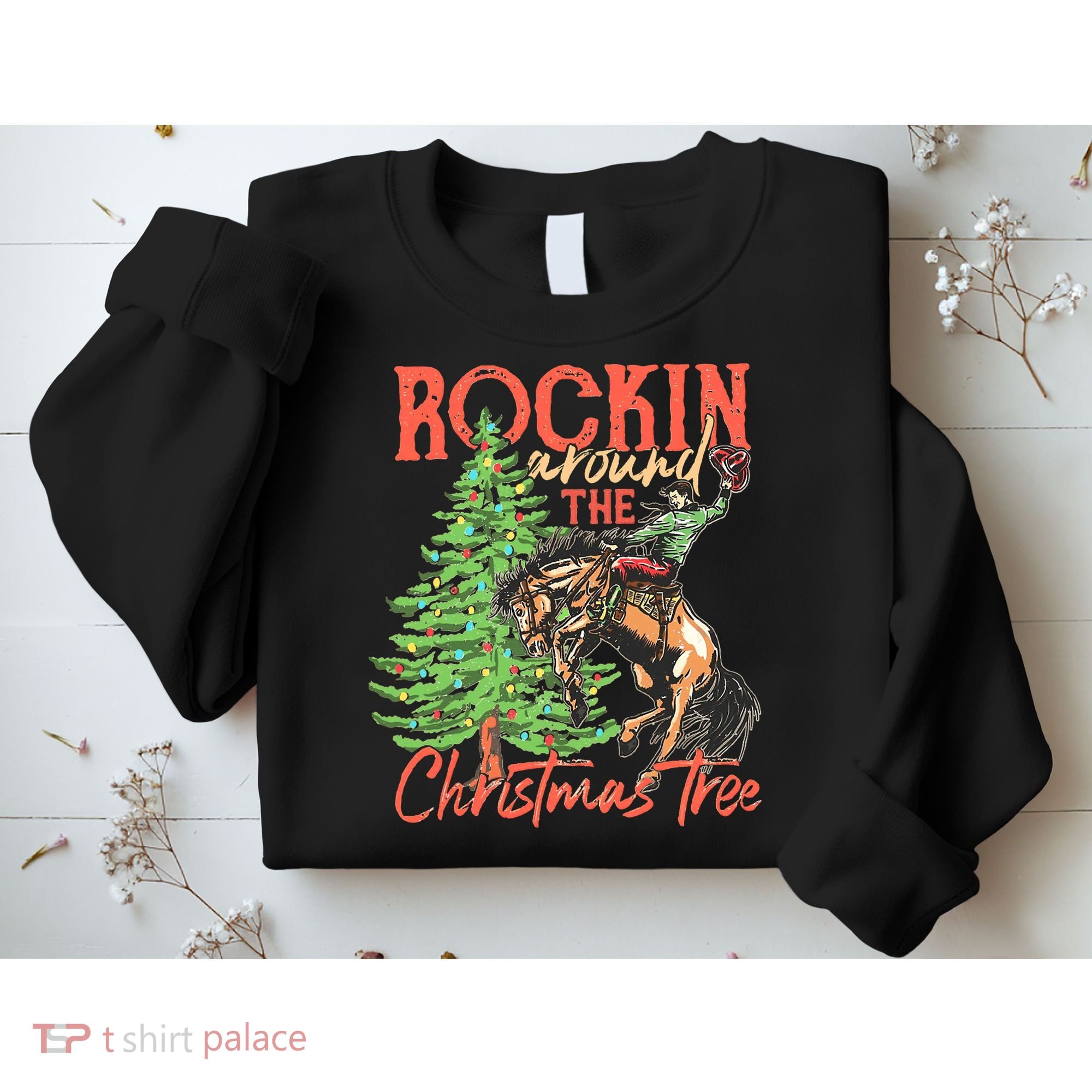 Funny Cow Horsing Rocking Around Christmas Tree Western Sweatshirt