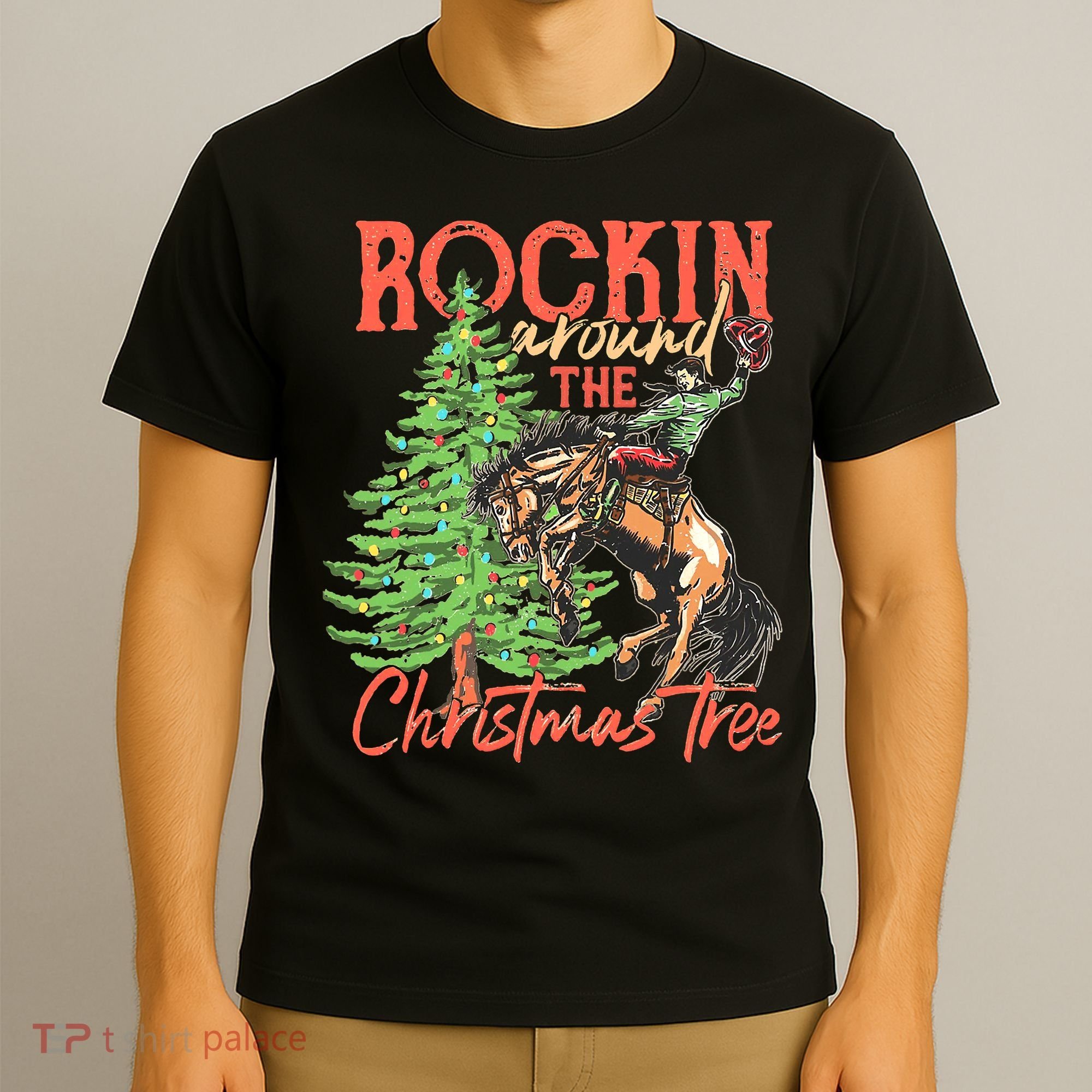 Funny Cow Horsing Rocking Around Christmas Tree Western T-Shirt