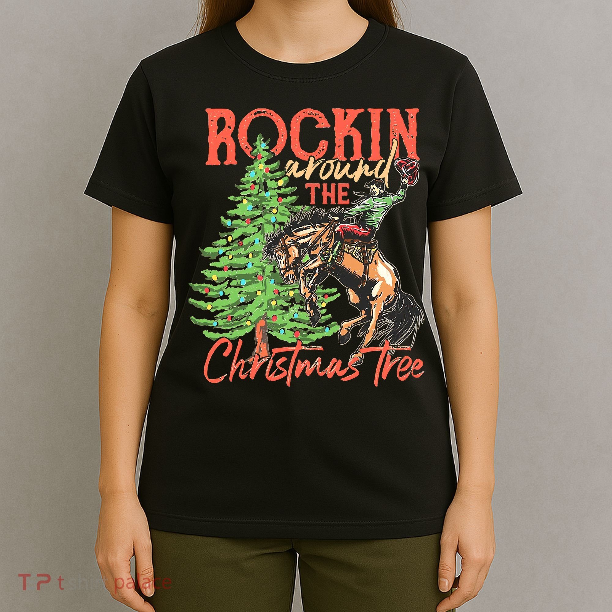 Funny Cow Horsing Rocking Around Christmas Tree Western T-Shirt