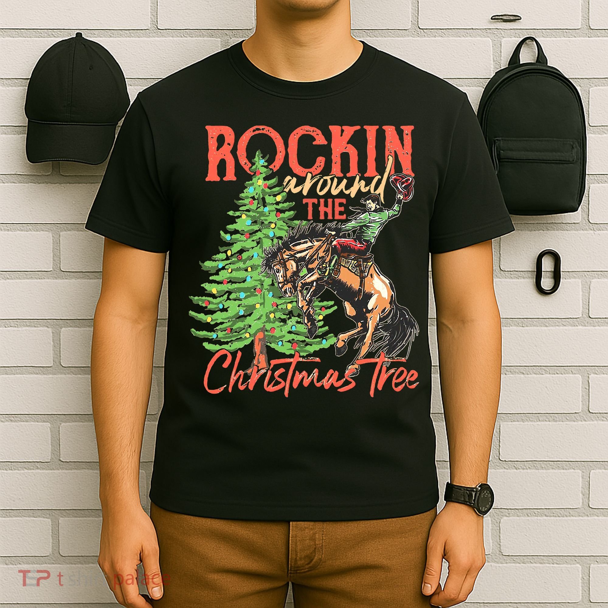 Funny Cow Horsing Rocking Around Christmas Tree Western T-Shirt