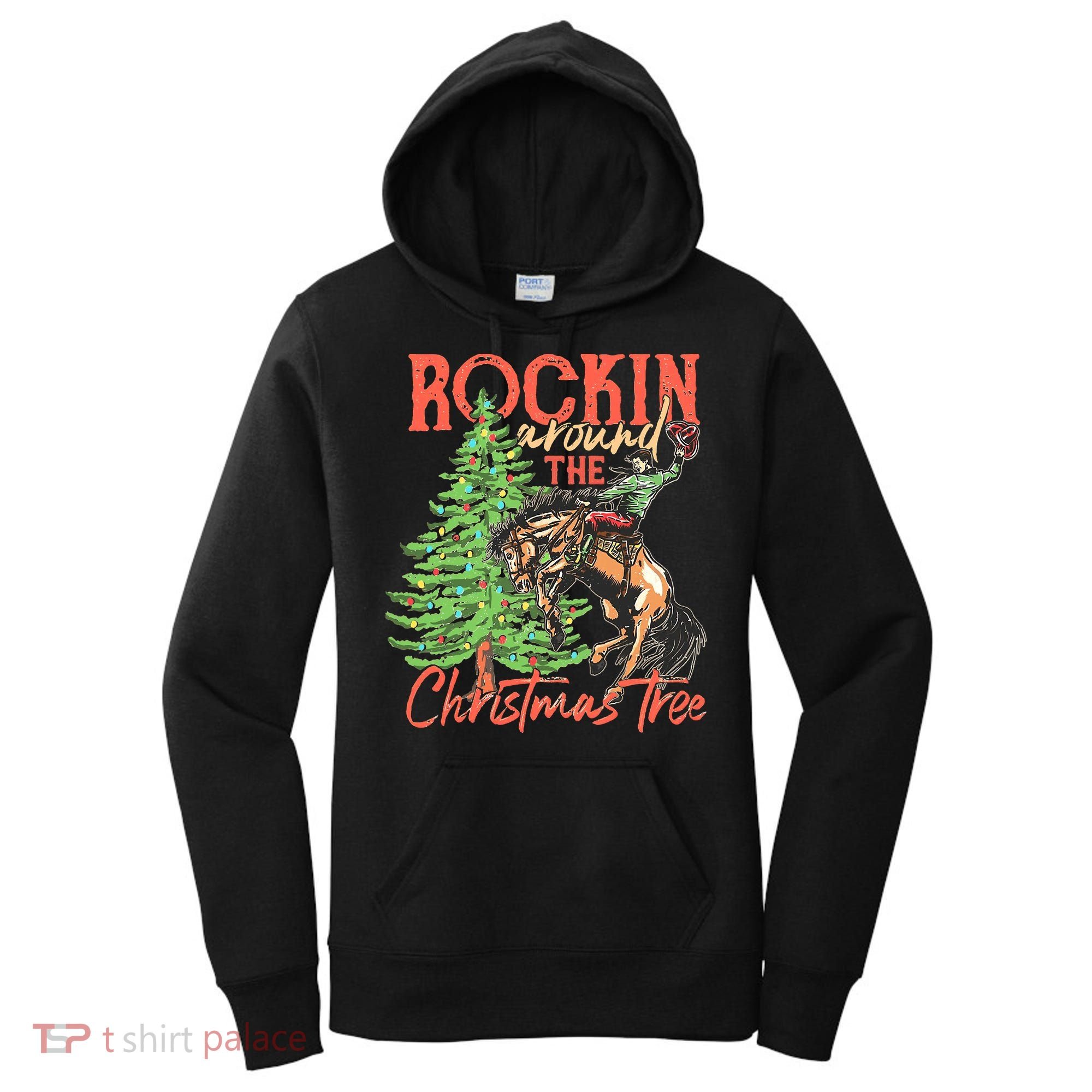 Funny Cow Horsing Rocking Around Christmas Tree Western Women's Hoodie