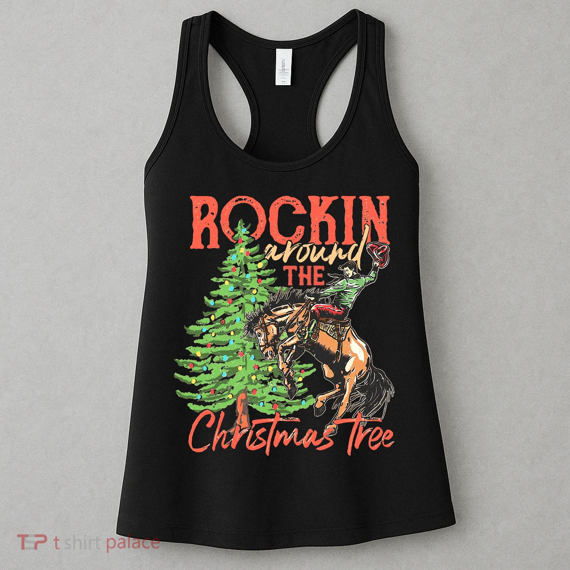 Funny Cow Horsing Rocking Around Christmas Tree Western Women's Tank Top