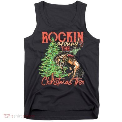 Funny Cow Horsing Rocking Around Christmas Tree Western Tank Top