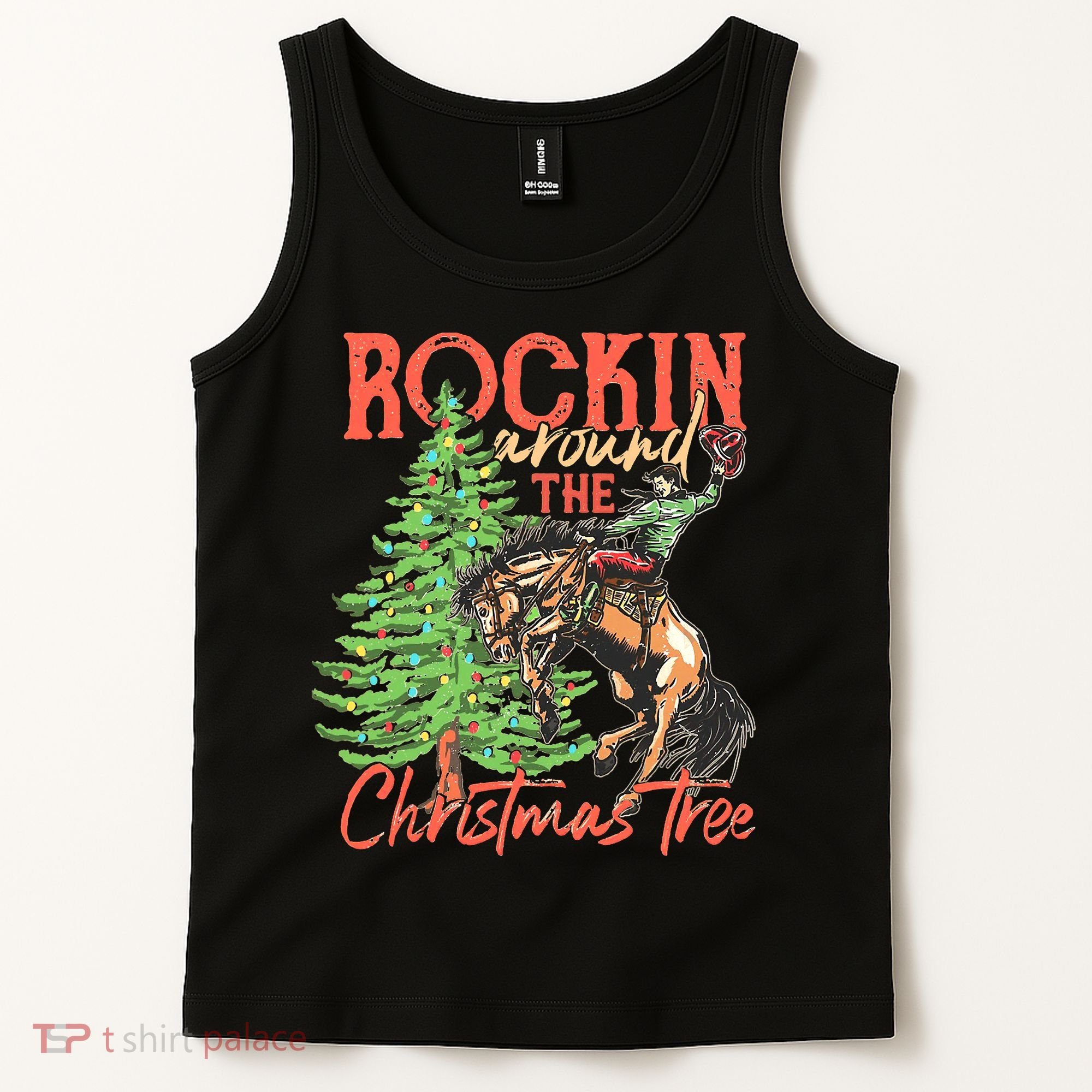 Funny Cow Horsing Rocking Around Christmas Tree Western Tank Top