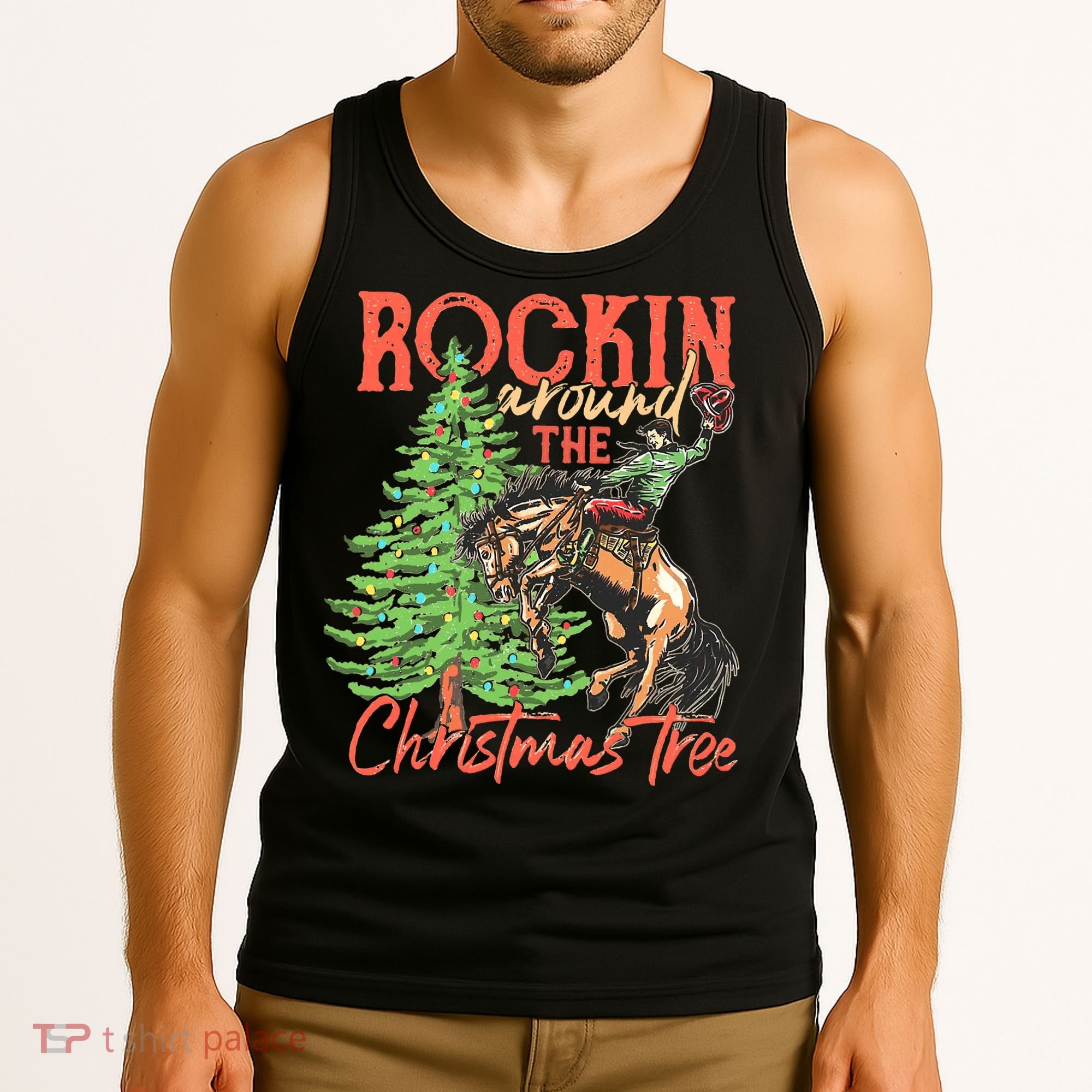 Funny Cow Horsing Rocking Around Christmas Tree Western Tank Top