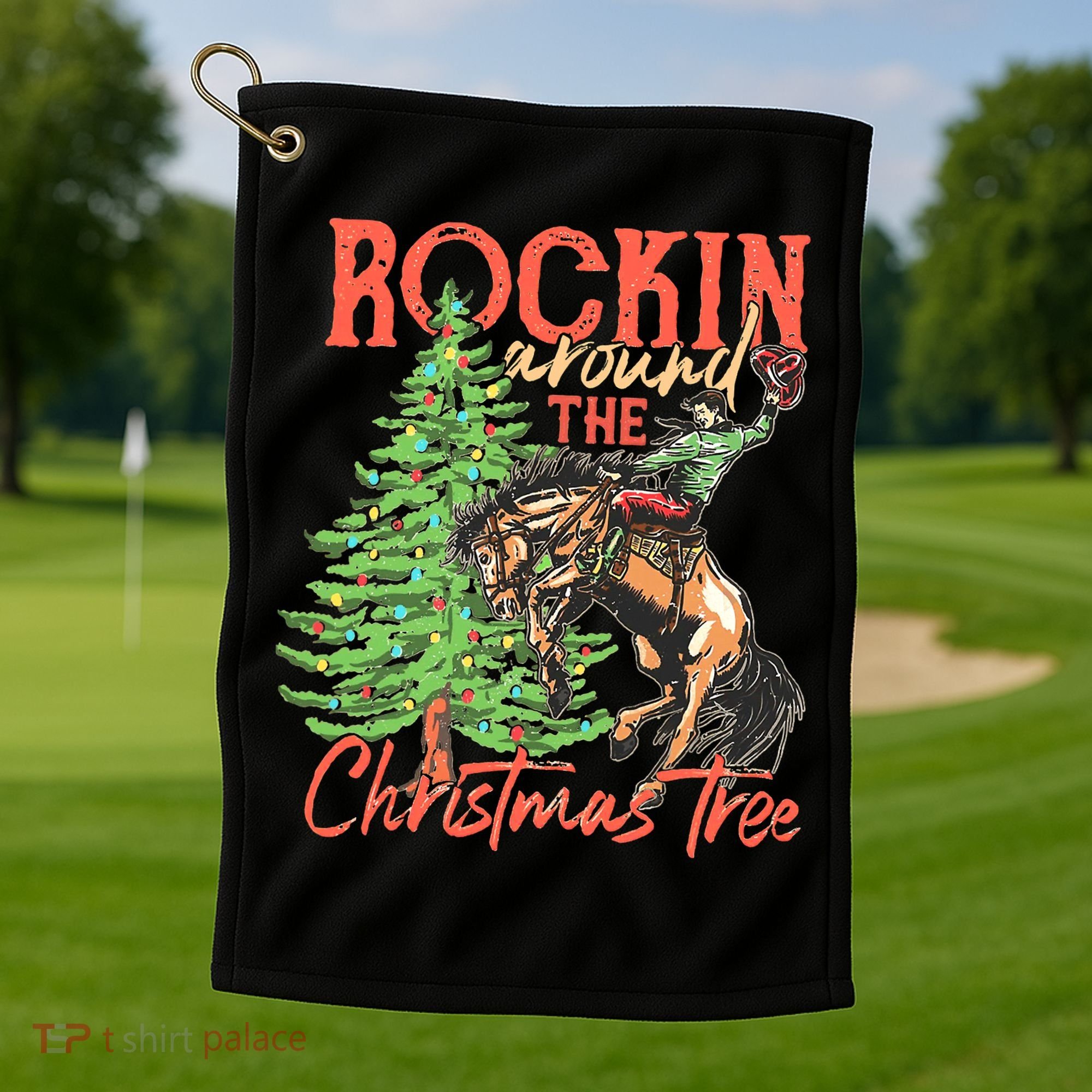 Funny Cow Horsing Rocking Around Christmas Tree Western Golf Towel