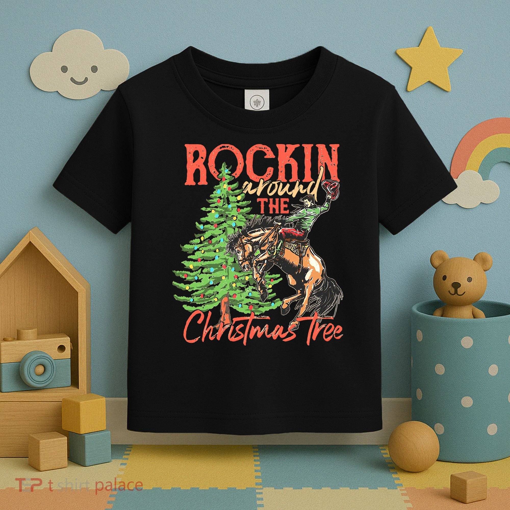 Funny Cow Horsing Rocking Around Christmas Tree Western Toddler T-Shirt