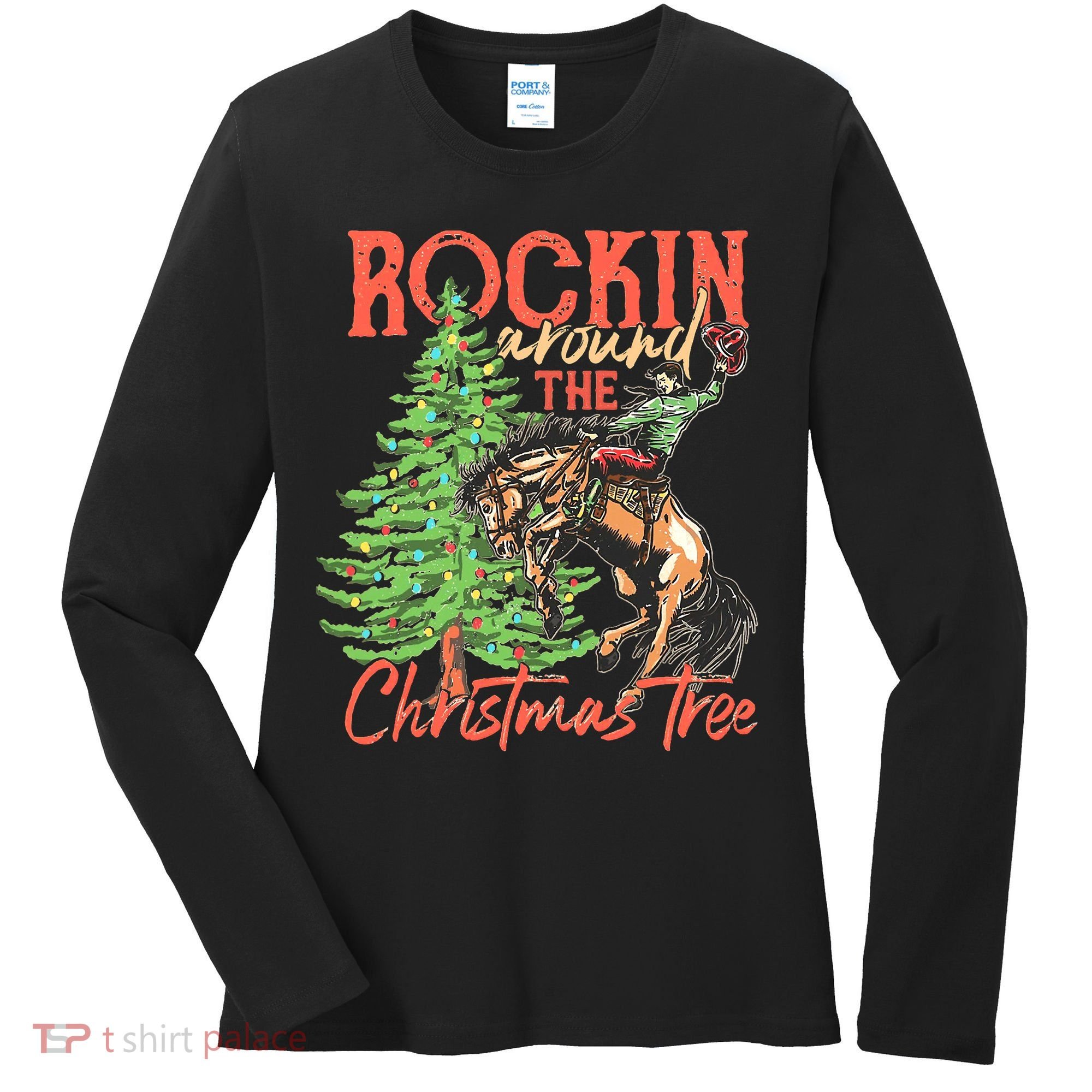 Funny Cow Horsing Rocking Around Christmas Tree Western Women's Long Sleeve Shirt