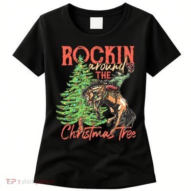 Funny Cow Horsing Rocking Around Christmas Tree Western Women's T-Shirt