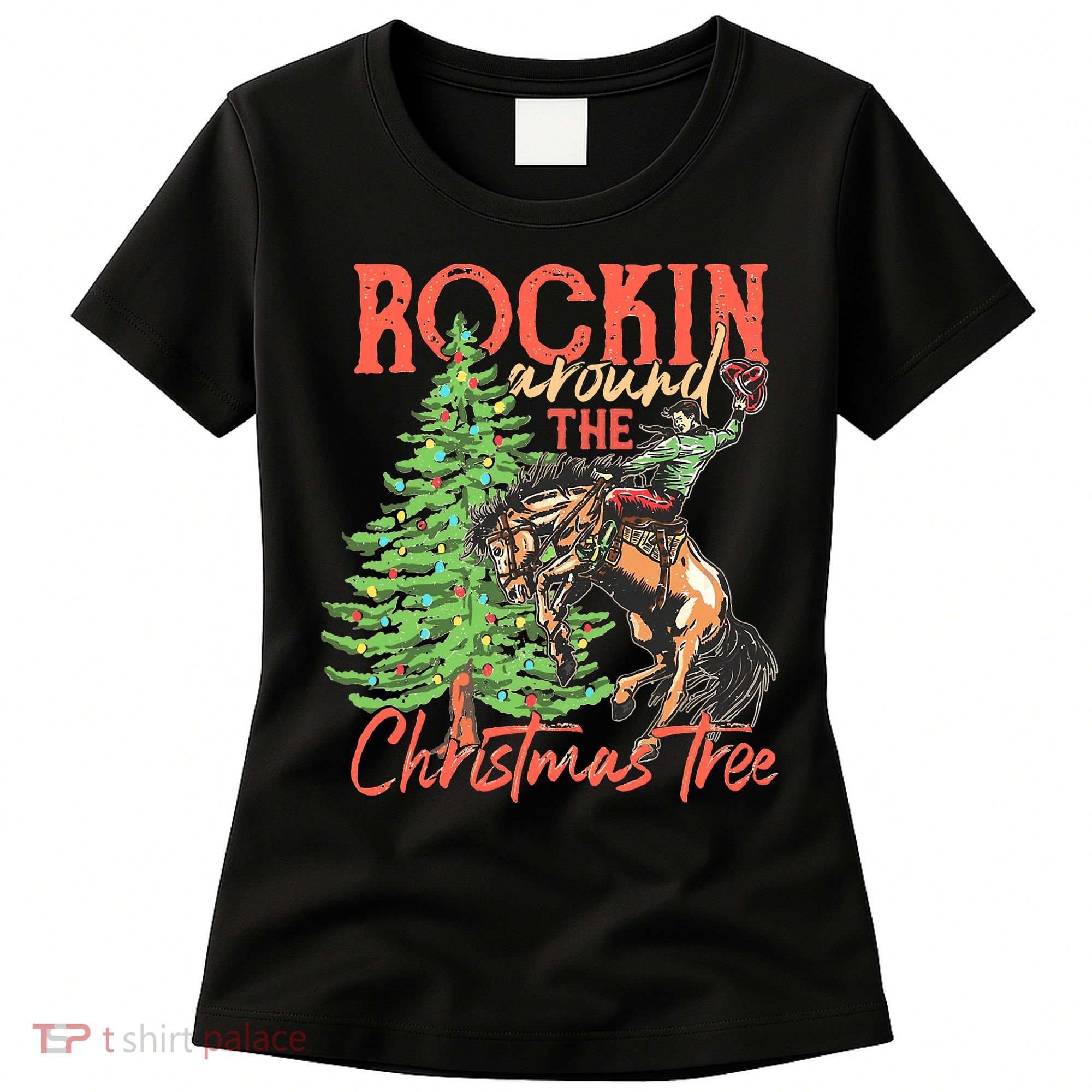 Funny Cow Horsing Rocking Around Christmas Tree Western Women's T-Shirt