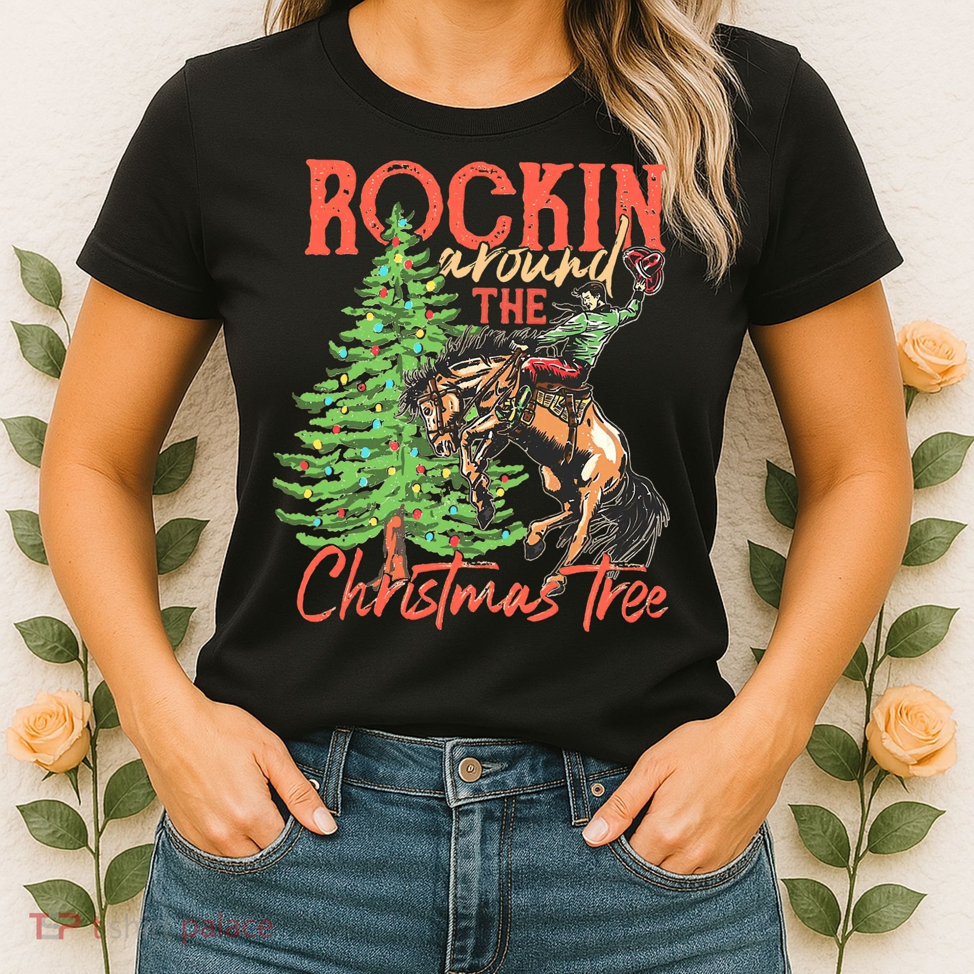Funny Cow Horsing Rocking Around Christmas Tree Western Women's T-Shirt