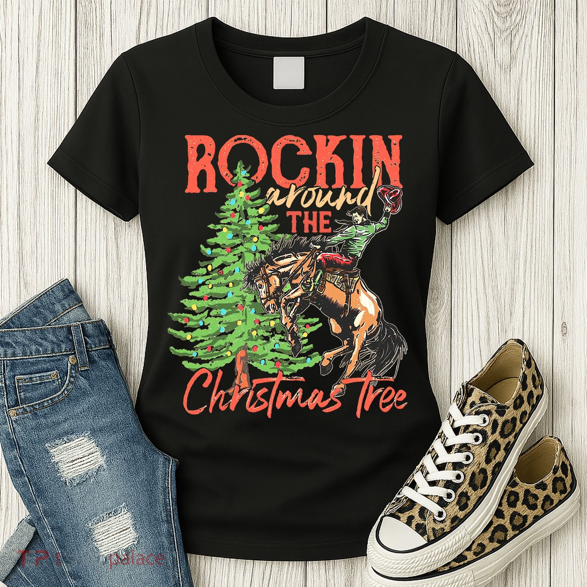 Funny Cow Horsing Rocking Around Christmas Tree Western Women's T-Shirt