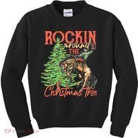 Funny Cow Horsing Rocking Around Christmas Tree Western Kids Sweatshirt thumb 0