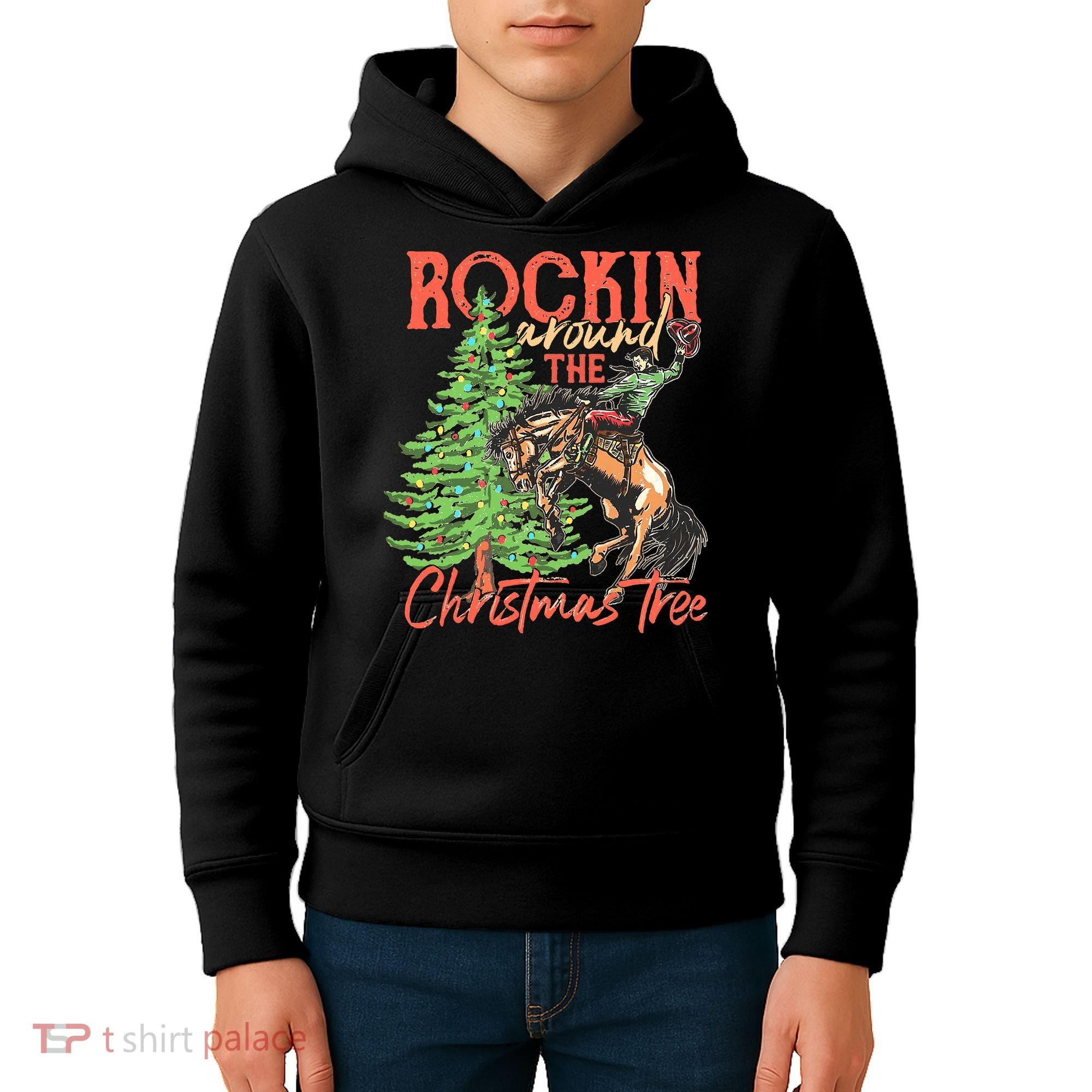 Funny Cow Horsing Rocking Around Christmas Tree Western Kids Hoodie