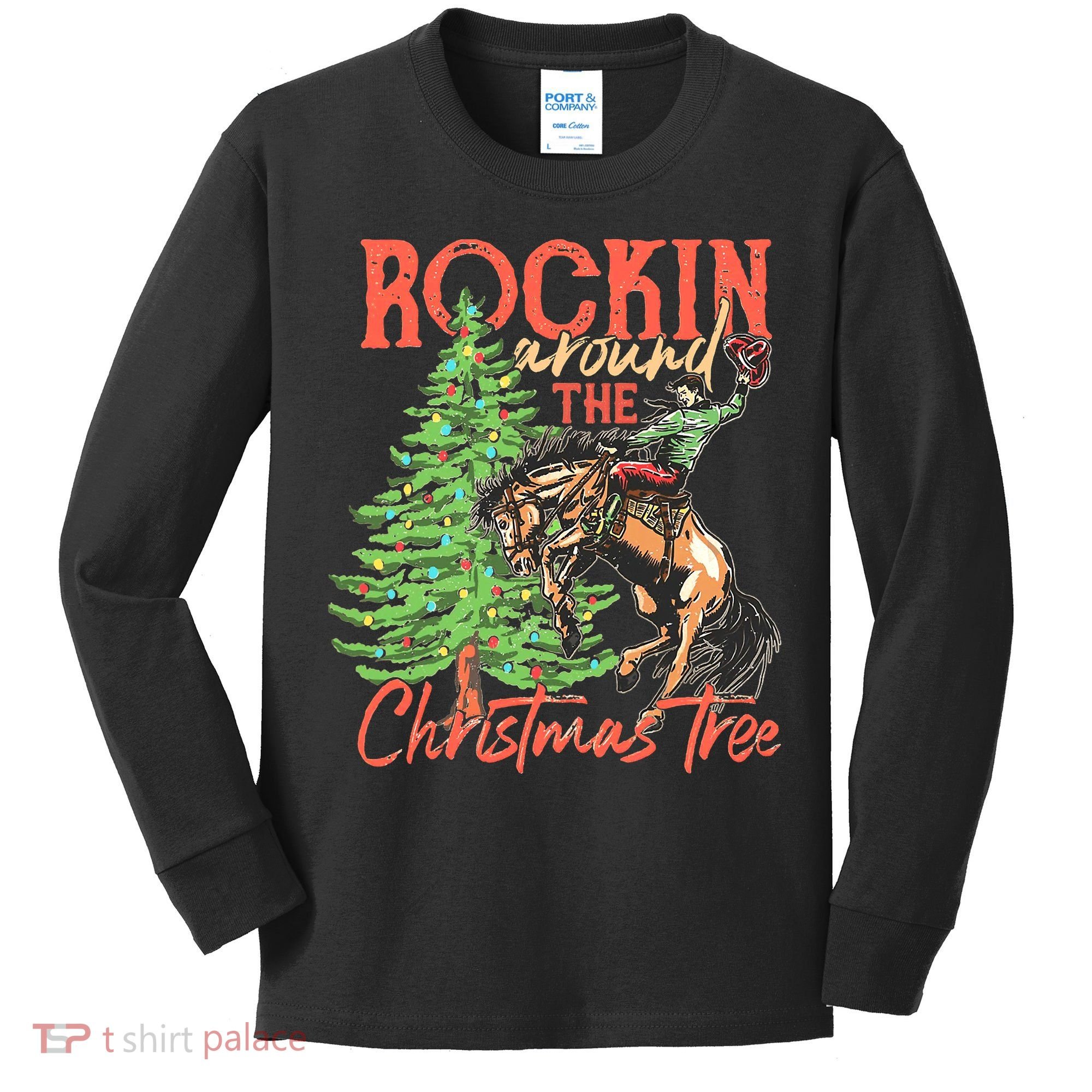 Funny Cow Horsing Rocking Around Christmas Tree Western Kids Long Sleeve Shirt