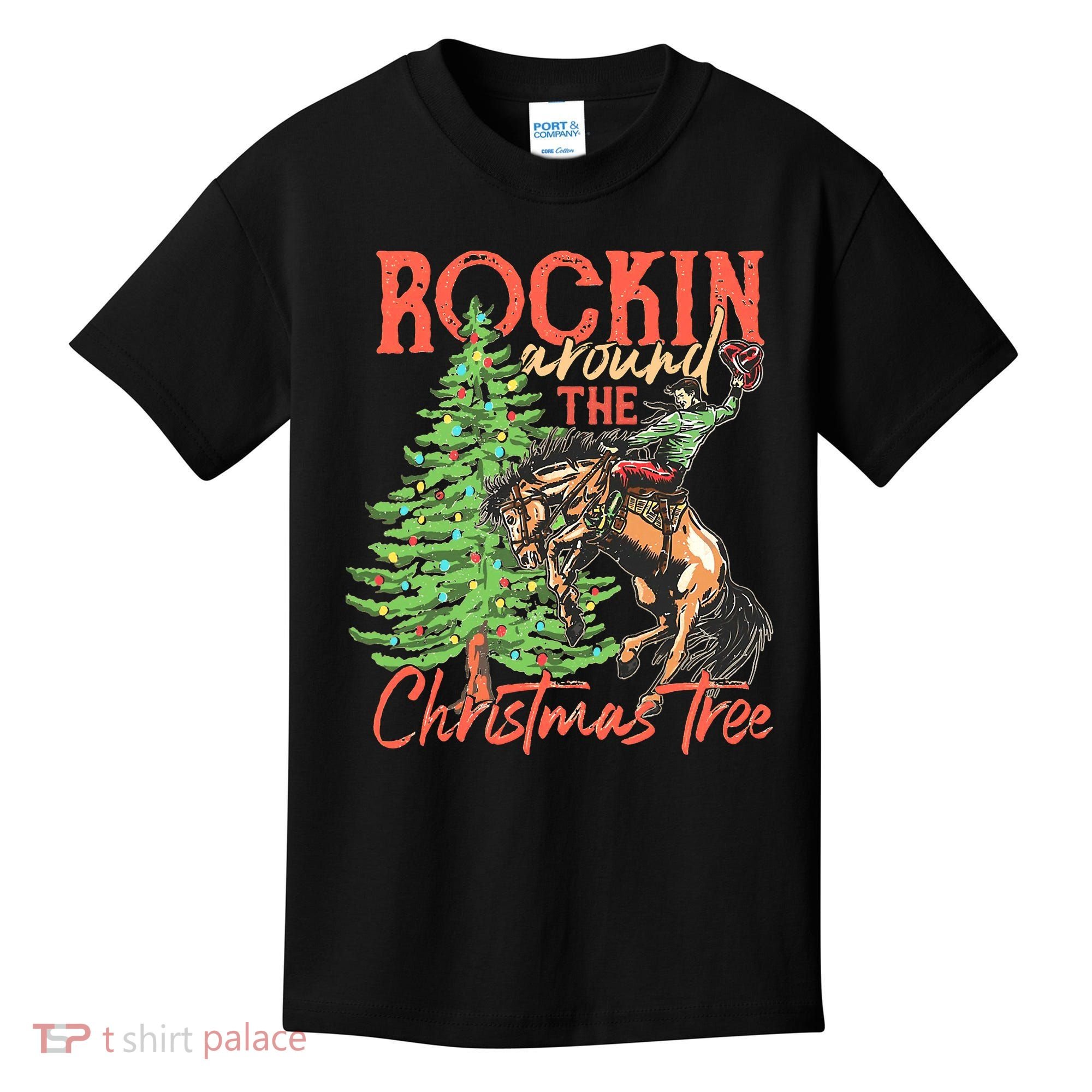 Funny Cow Horsing Rocking Around Christmas Tree Western Kids T-Shirt