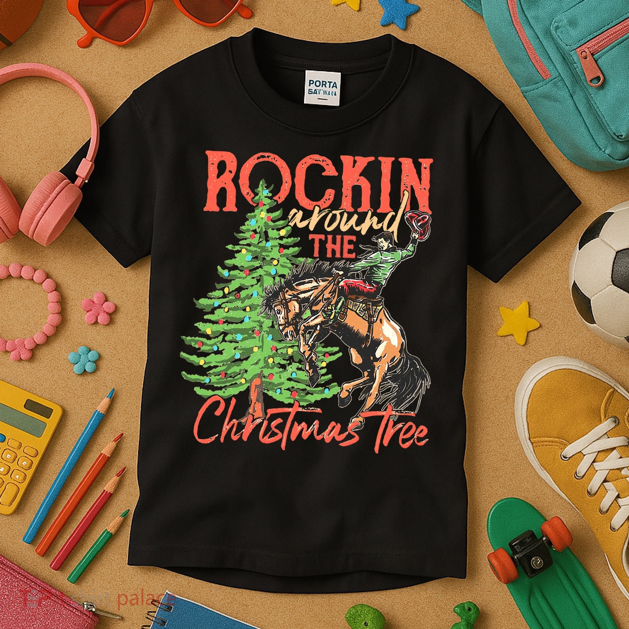 Funny Cow Horsing Rocking Around Christmas Tree Western Kids T-Shirt