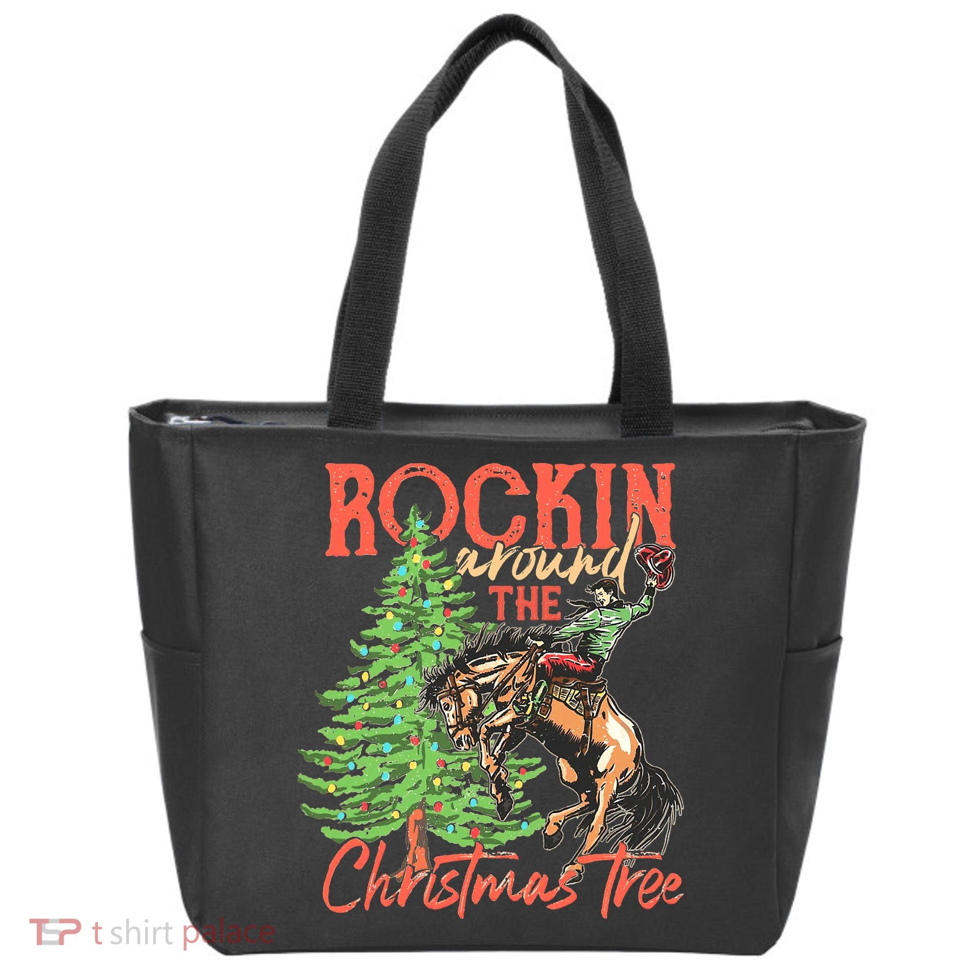 Funny Cow Horsing Rocking Around Christmas Tree Western Tote Bag