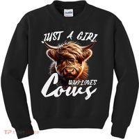 Funny Cute Highland Cow Just A Girl Who Loves Cows Kids Sweatshirt thumb 0