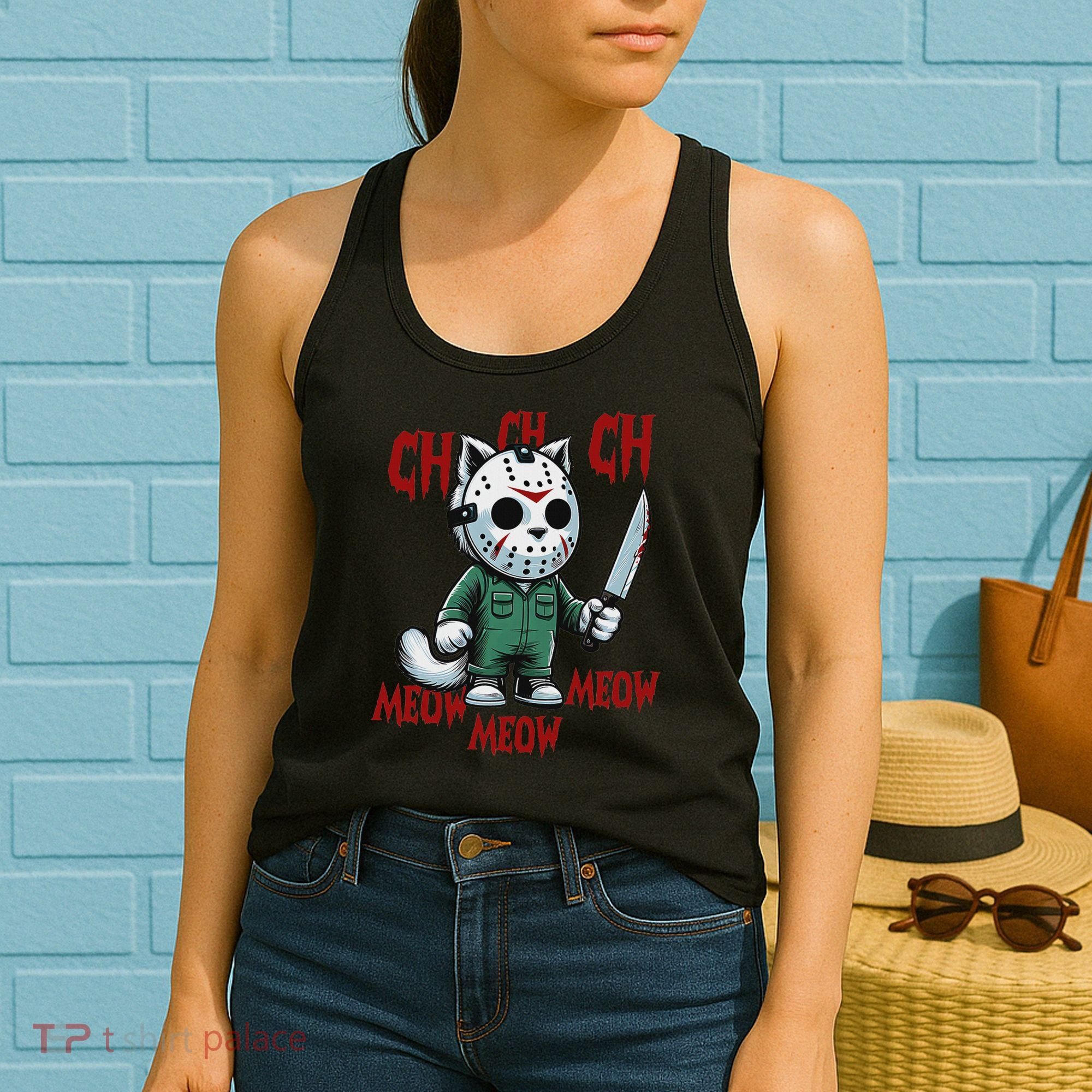 Funny Cat Horror Movies Cute Halloween For Cat Kitty Lovers Women's Tank Top