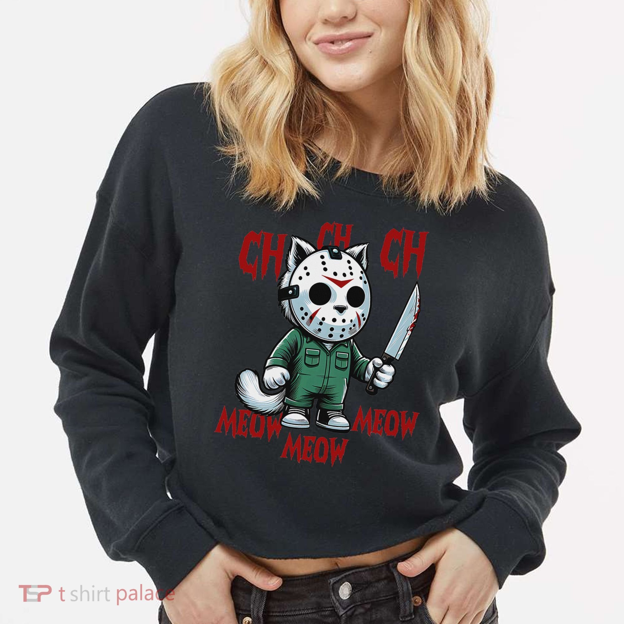 Funny Cat Horror Movies Cute Halloween For Cat Kitty Lovers Cropped Pullover Crew