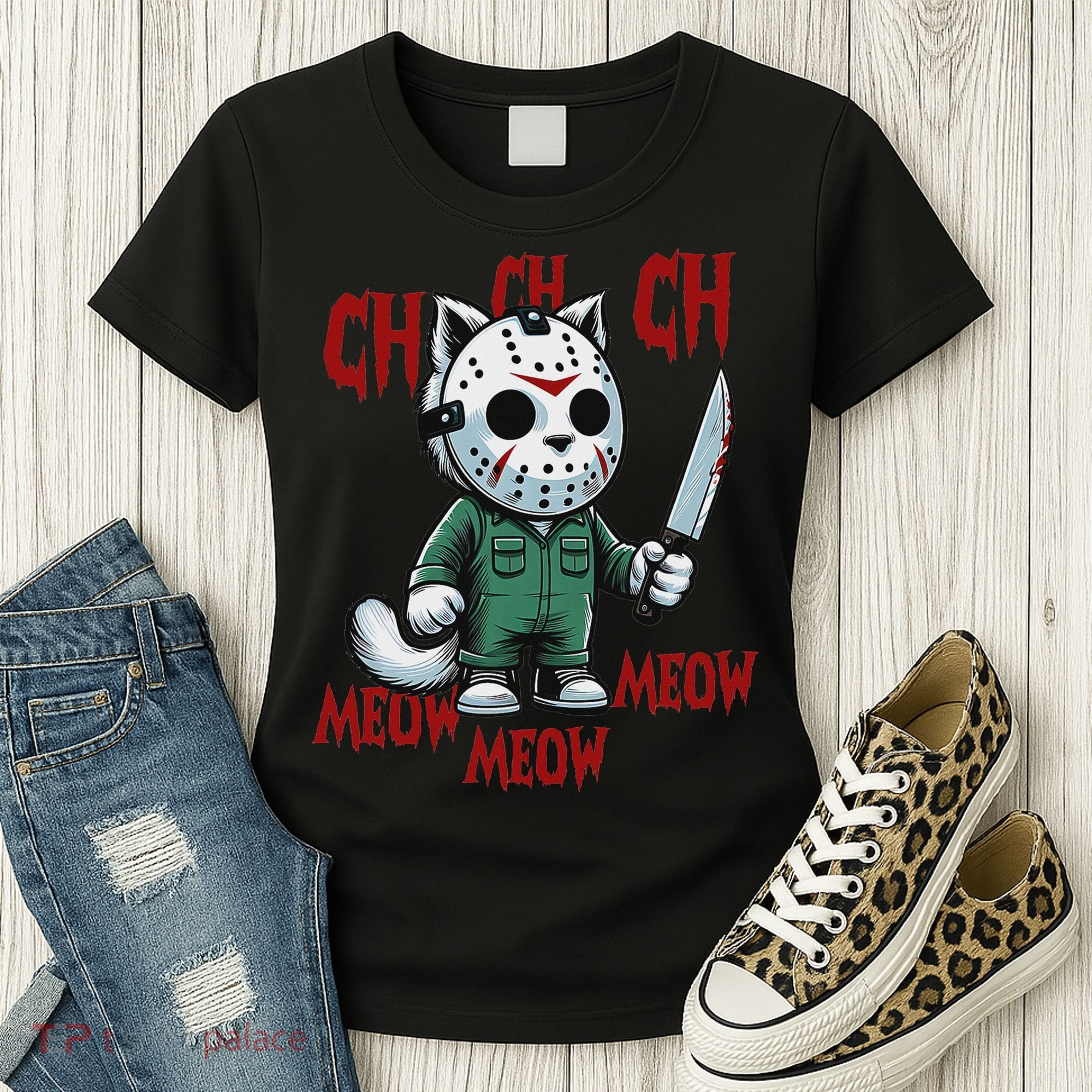 Funny Cat Horror Movies Cute Halloween For Cat Kitty Lovers Women's T-Shirt