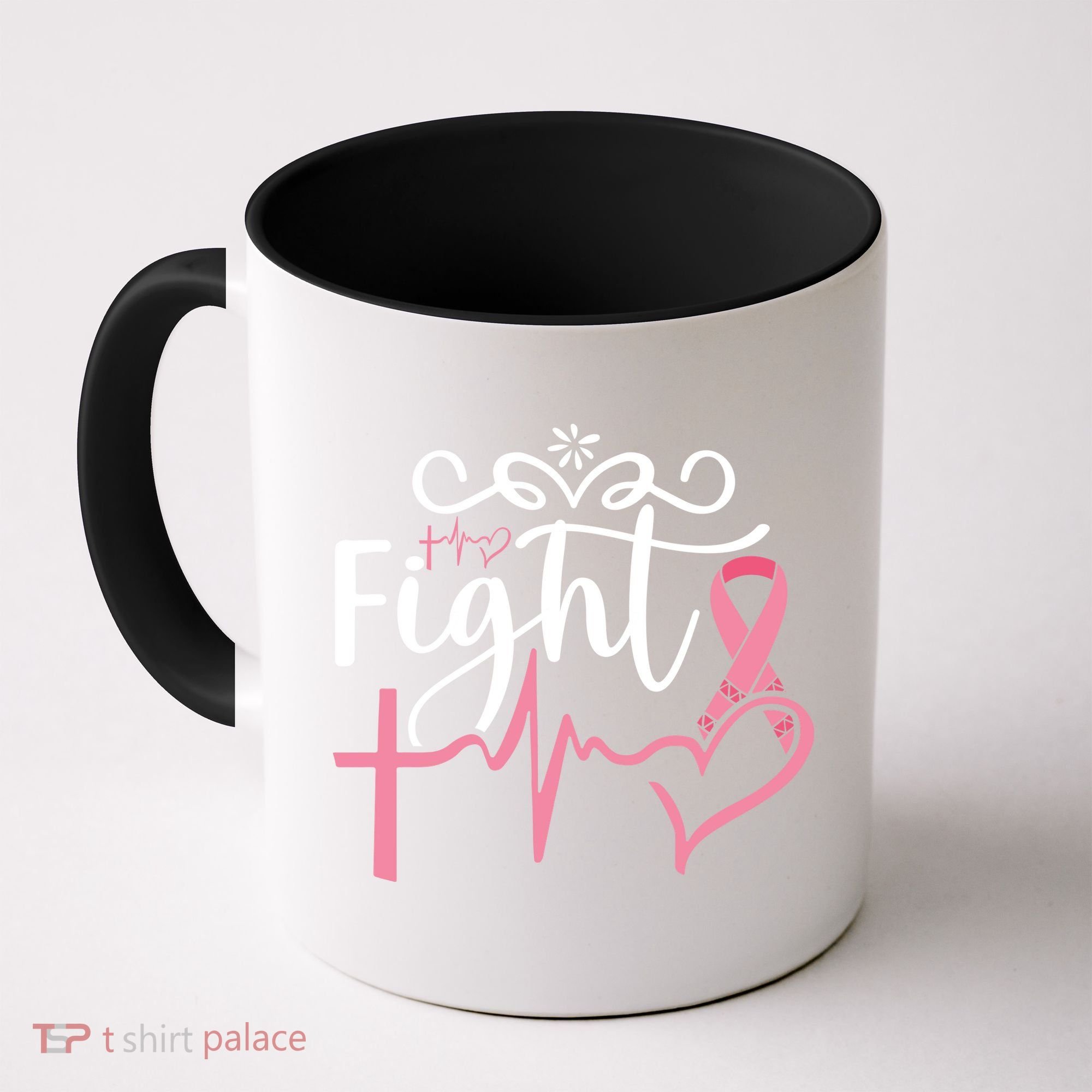 Fight Cross Heartbeat Pink Ribbon Breast Cancer Coffee Mug