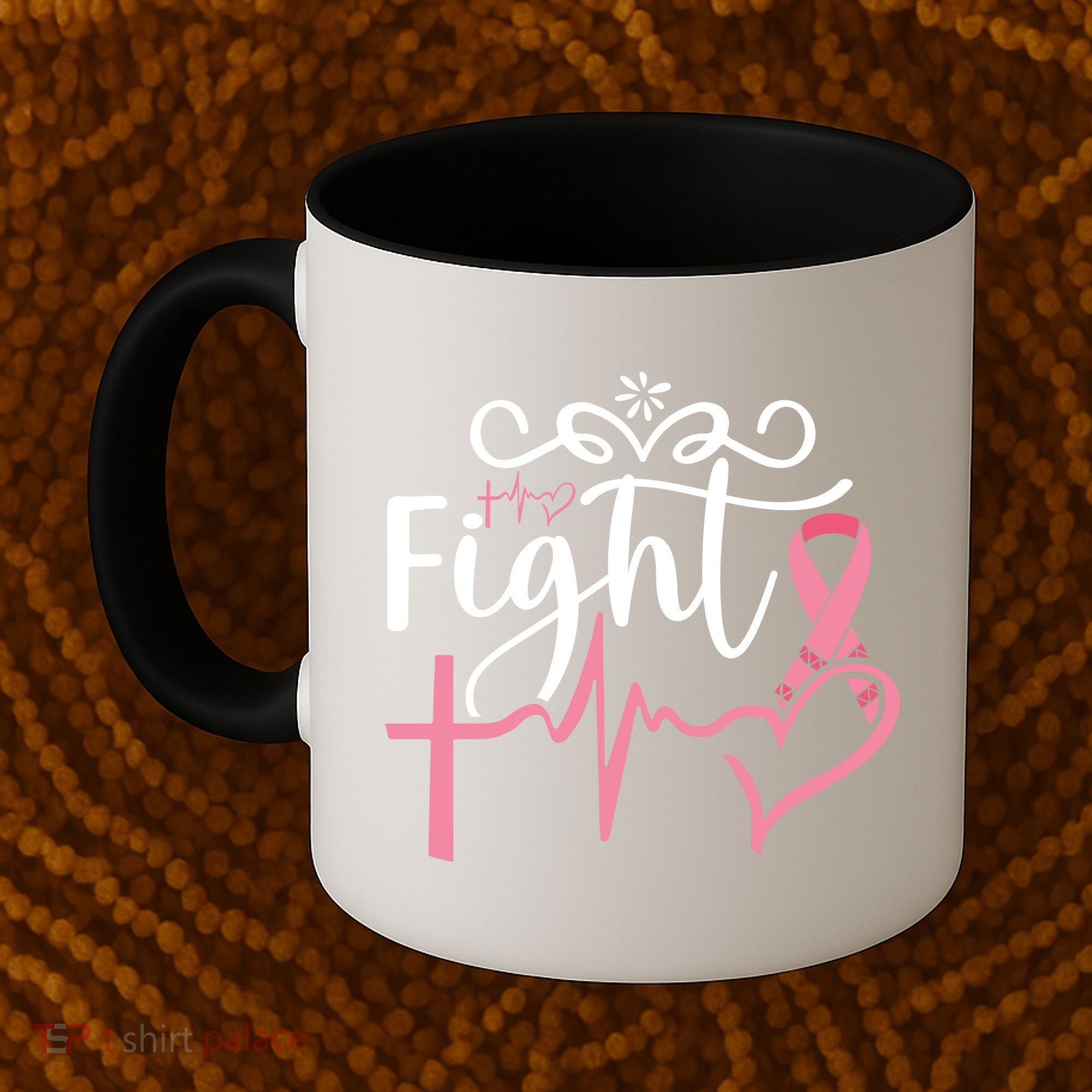 Fight Cross Heartbeat Pink Ribbon Breast Cancer Coffee Mug