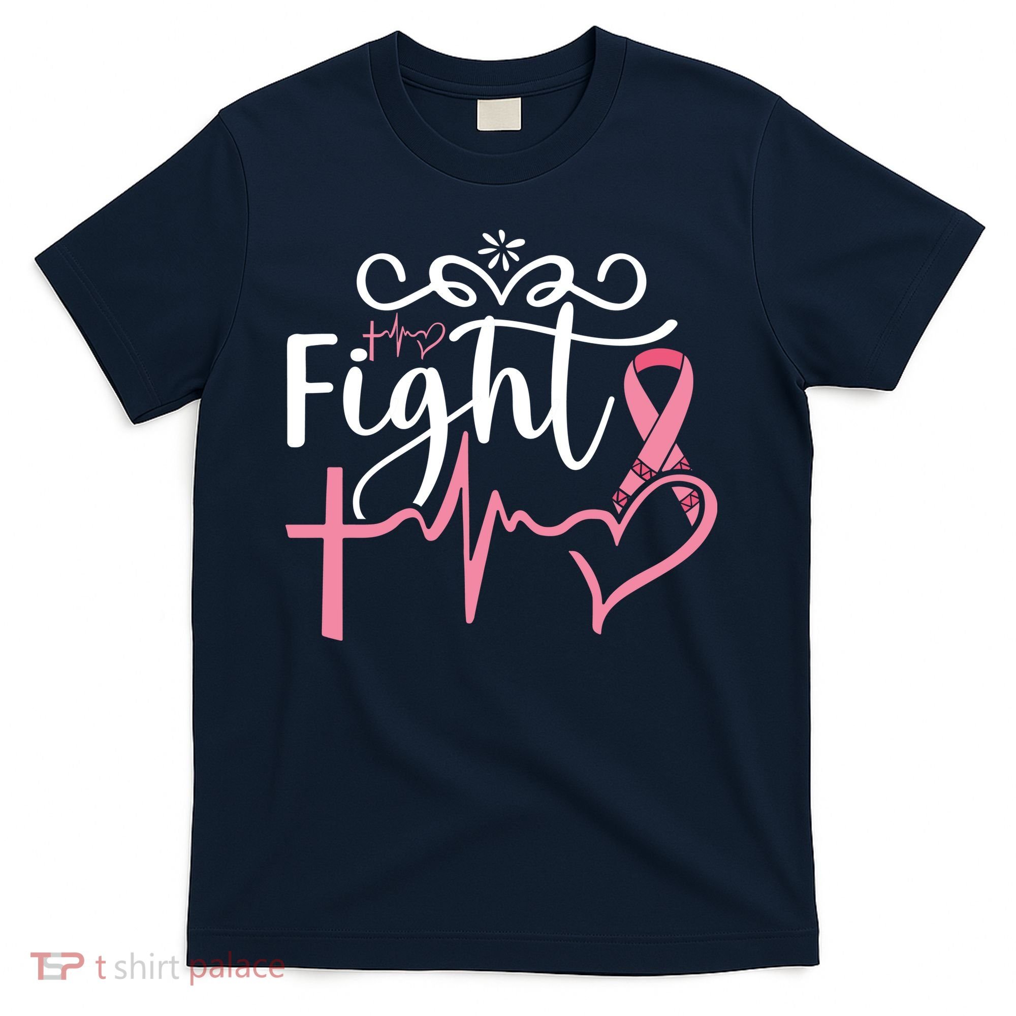 Fight Cross Heartbeat Pink Ribbon Breast Cancer T-Shirt