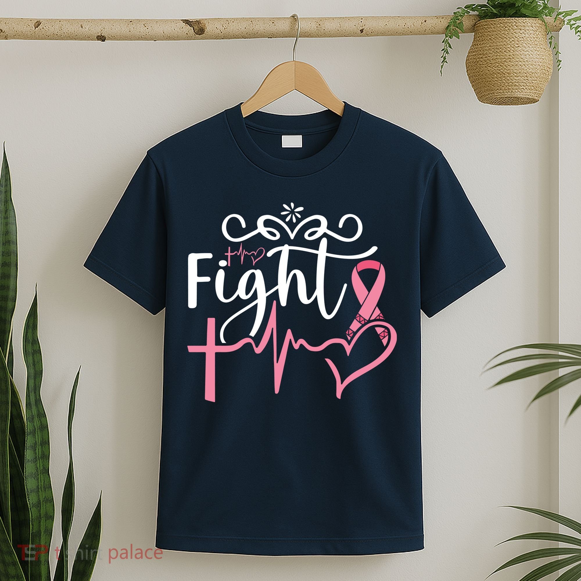 Fight Cross Heartbeat Pink Ribbon Breast Cancer T-Shirt
