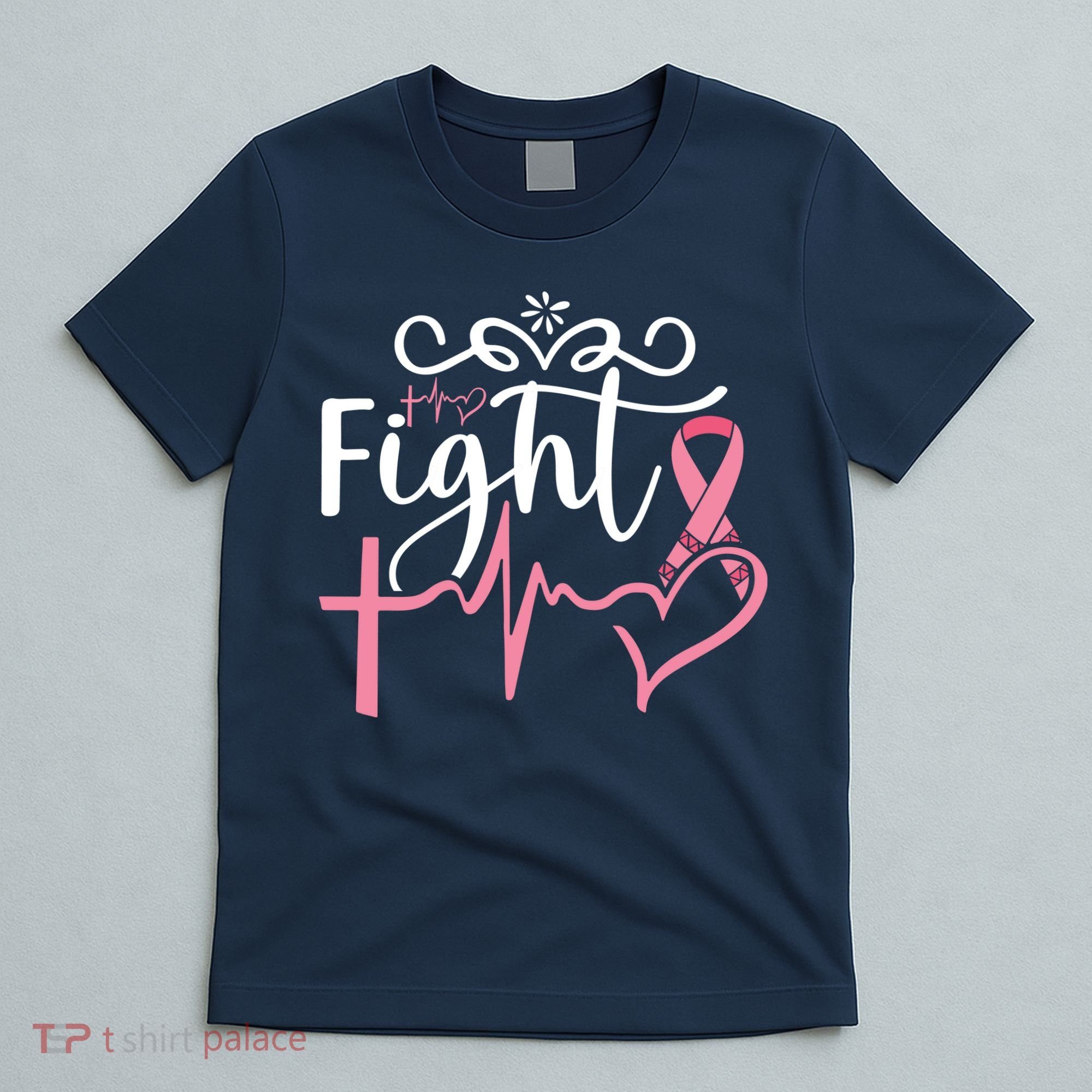 Fight Cross Heartbeat Pink Ribbon Breast Cancer T-Shirt