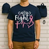 Fight Cross Heartbeat Pink Ribbon Breast Cancer T-Shirt thumb 6