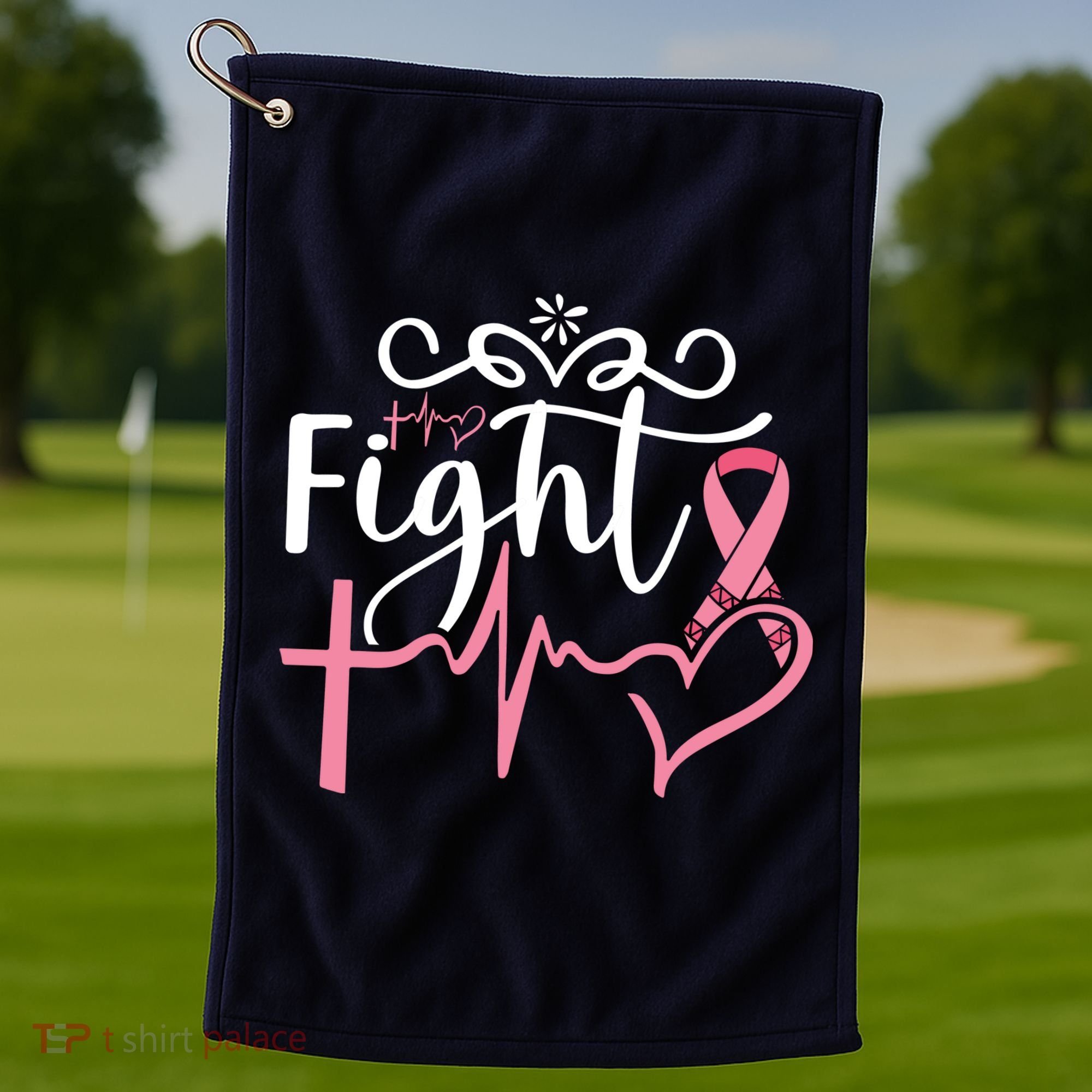 Fight Cross Heartbeat Pink Ribbon Breast Cancer Golf Towel