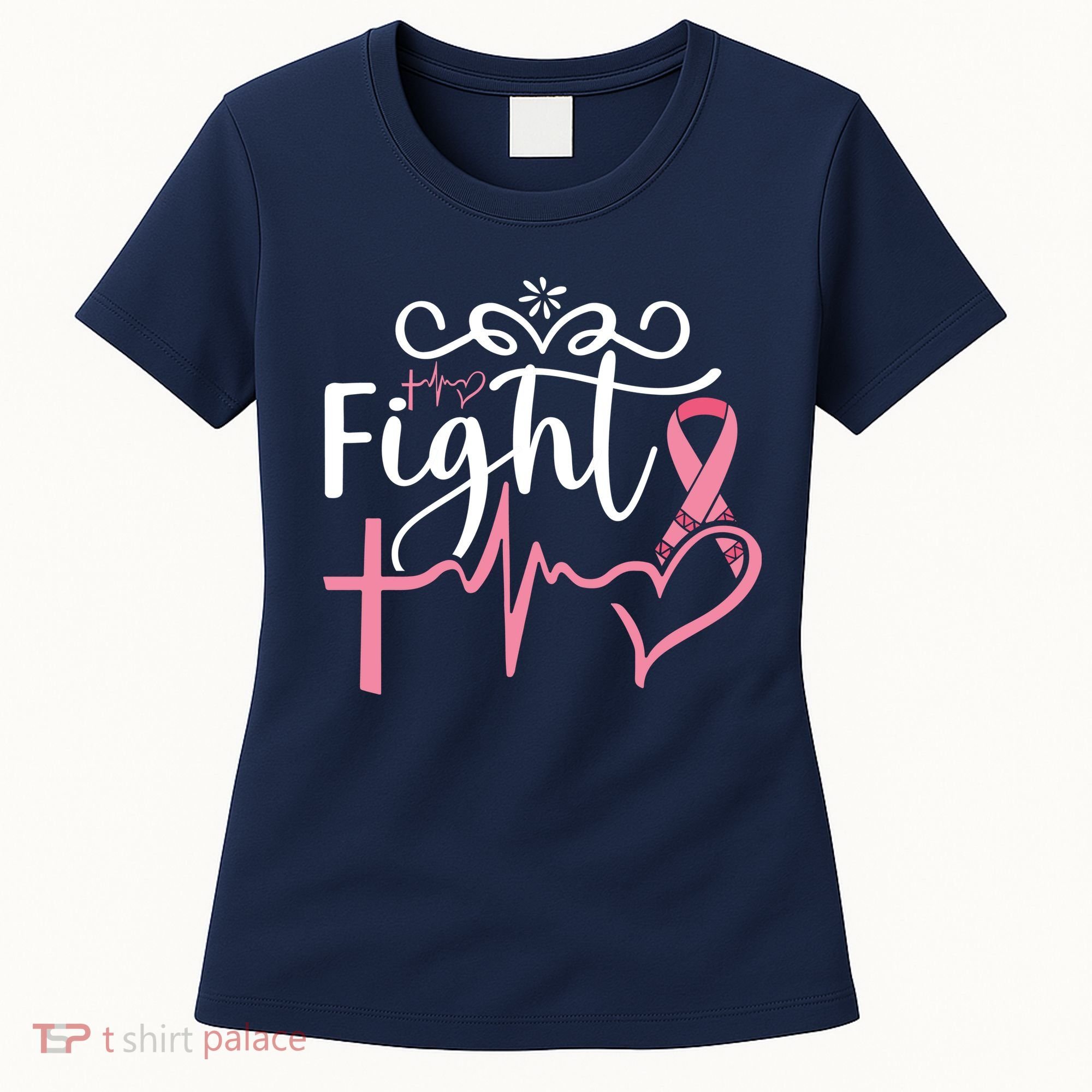 Fight Cross Heartbeat Pink Ribbon Breast Cancer Women's T-Shirt