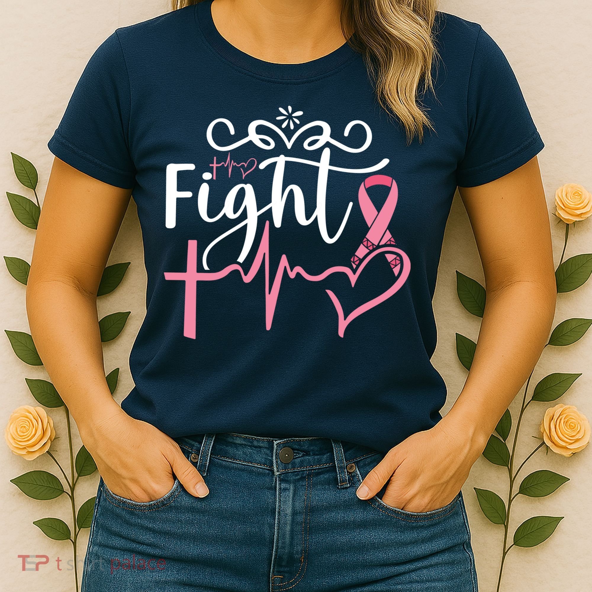 Fight Cross Heartbeat Pink Ribbon Breast Cancer Women's T-Shirt