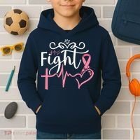Fight Cross Heartbeat Pink Ribbon Breast Cancer Kids Hoodie thumb 2