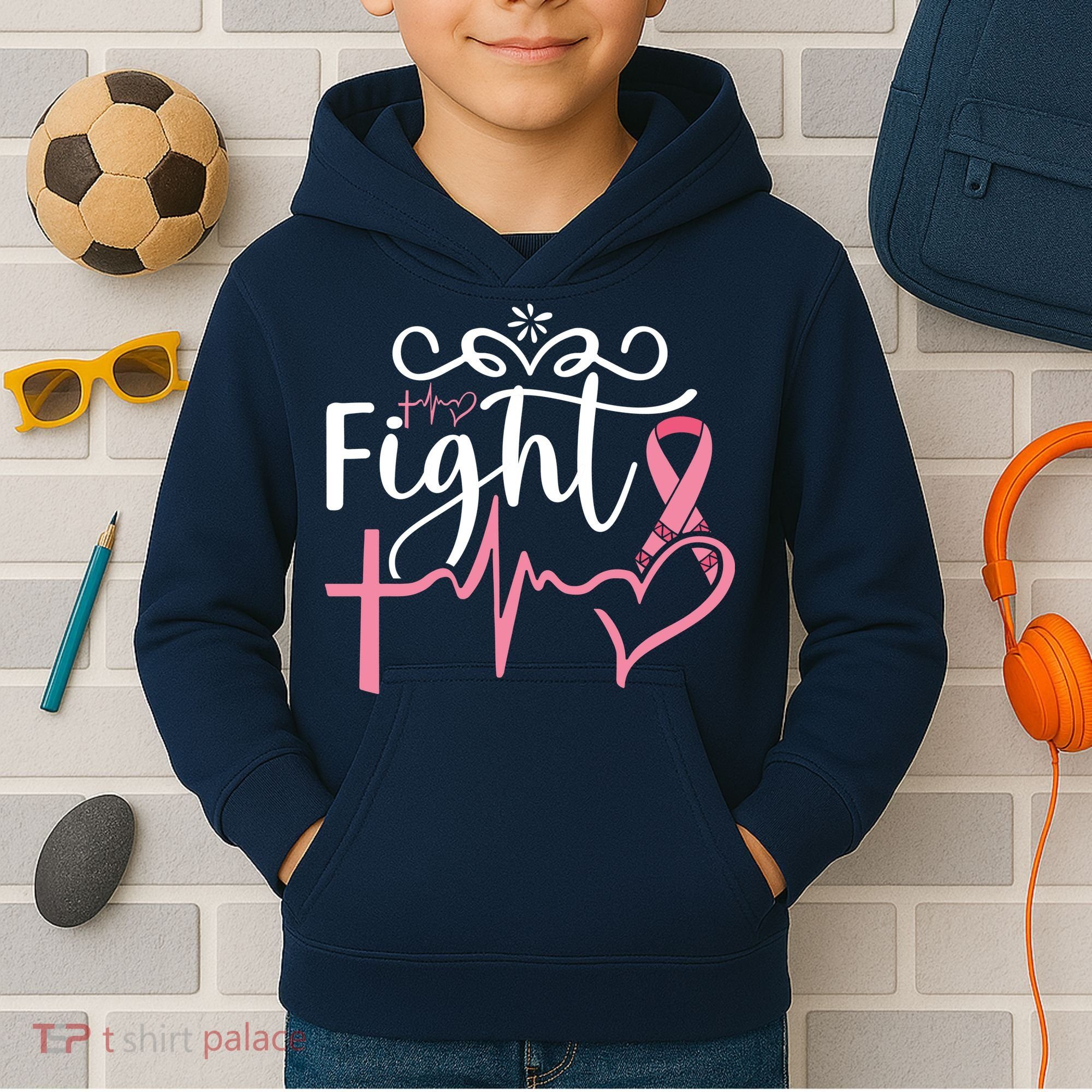 Fight Cross Heartbeat Pink Ribbon Breast Cancer Kids Hoodie