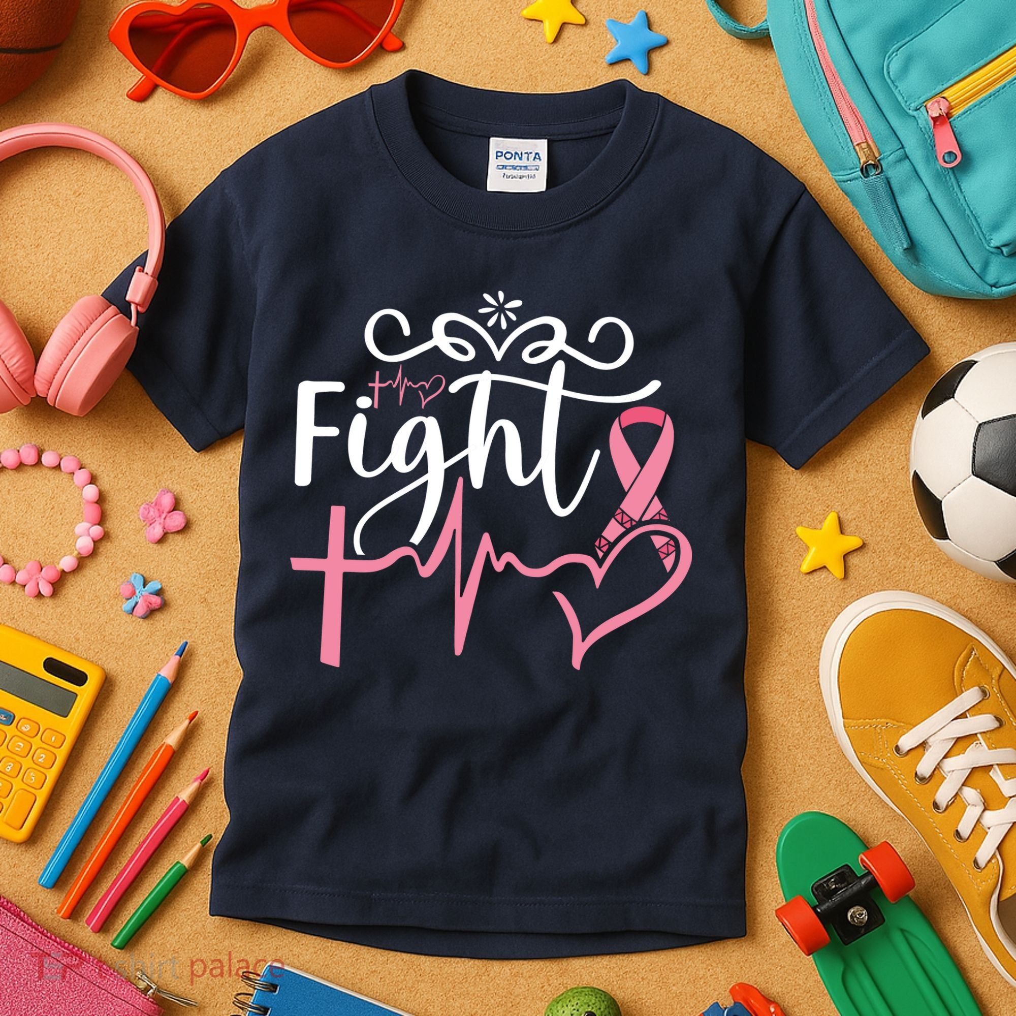 Fight Cross Heartbeat Pink Ribbon Breast Cancer Kids T-Shirt