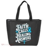 Faith Calls Healing Answers Prostate Cancer Awareness Tote Bag thumb 0