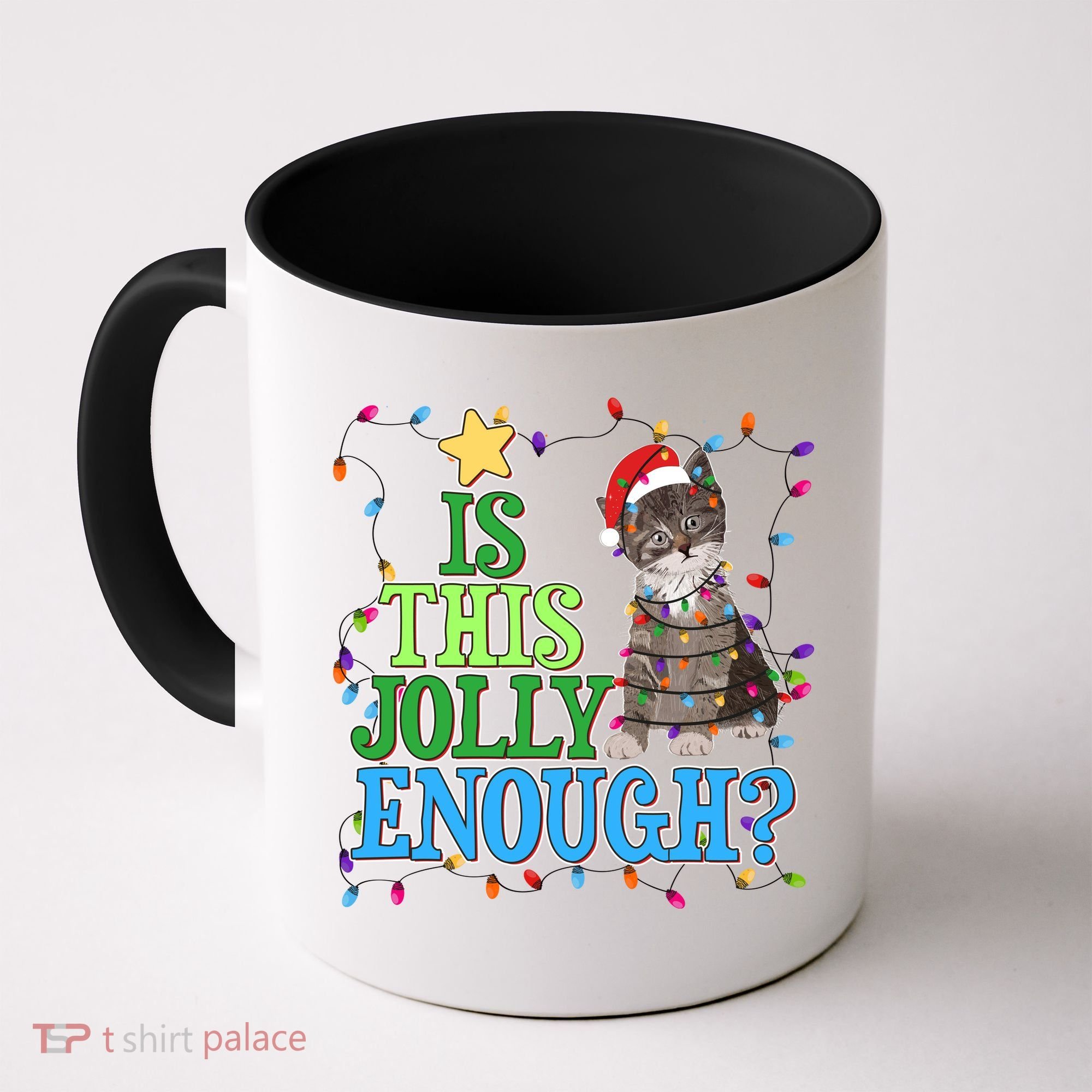 Funny Christmas Is This Jolly Enough Tangled Lights Cat Coffee Mug