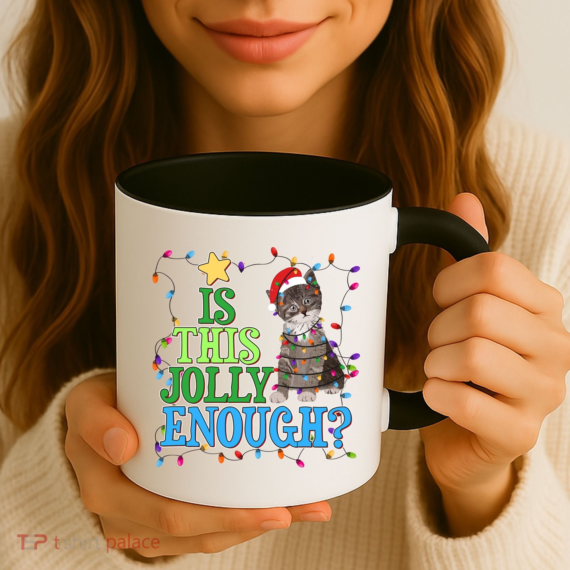 Funny Christmas Is This Jolly Enough Tangled Lights Cat Coffee Mug