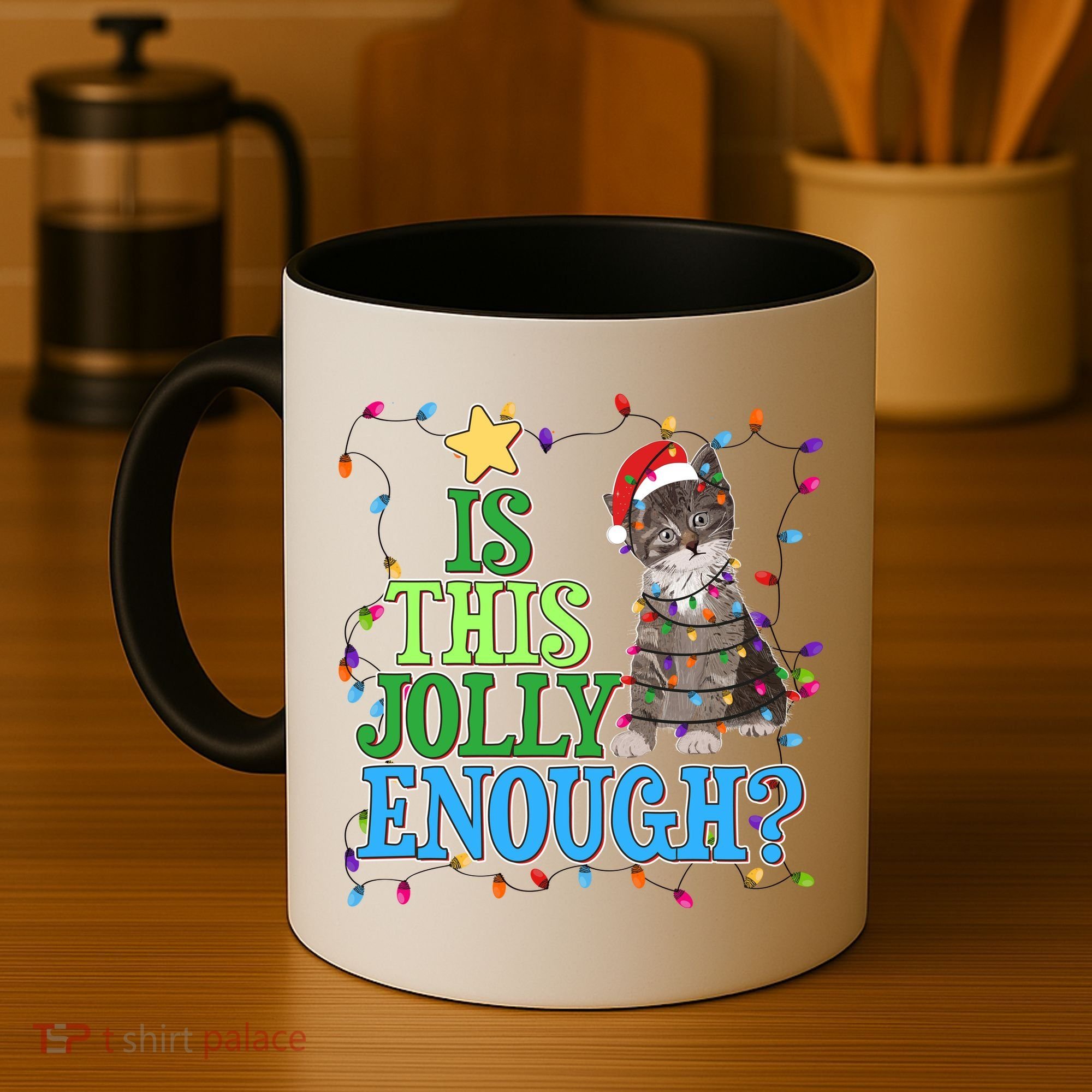 Funny Christmas Is This Jolly Enough Tangled Lights Cat Coffee Mug