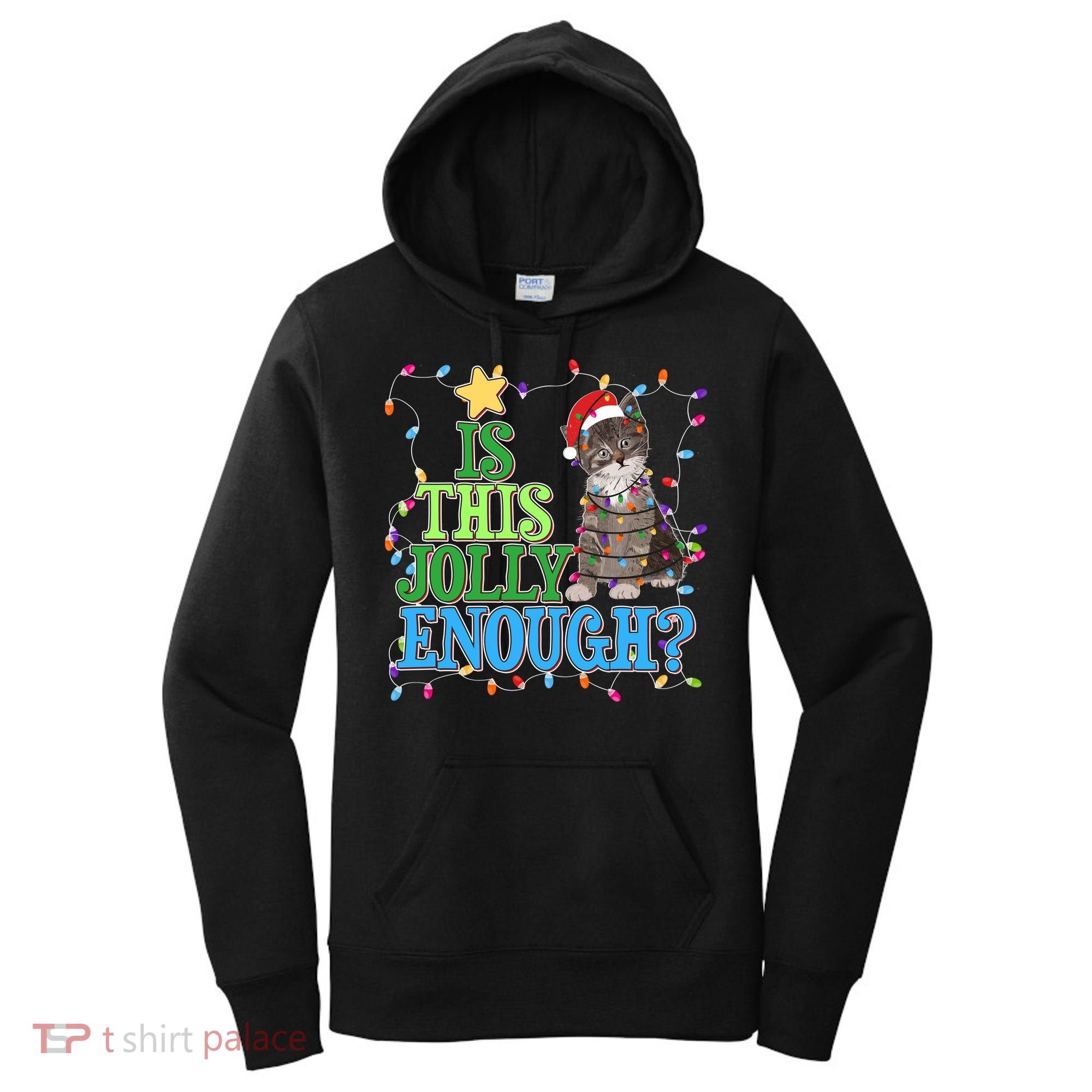 Funny Christmas Is This Jolly Enough Tangled Lights Cat Women's Hoodie